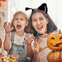 Vista 5 de Whaline 3 diademas de orejas de gato con collar de gargantilla, color blanco y negro, banda de pelo de orejas de gato peludas con campana de lazo