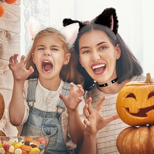 Miniatura 5 de Whaline 3 diademas de orejas de gato con collar de gargantilla, color blanco y negro, banda de pelo de orejas de gato peludas con campana de lazo de