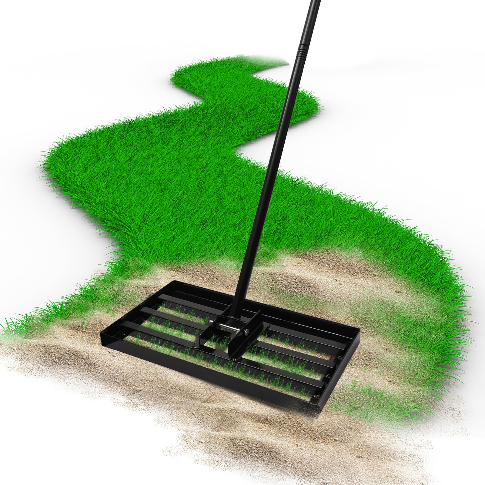 Râteau à Gazon, 45 x 25 cm, Manche de 183 cm, Acier Inoxydable, Manche réglable, Outil Professionnel d'entretien de la pelouse pour Jardins, terrains de Golf et fermes (Noir, 25cm*45cm*183cm)