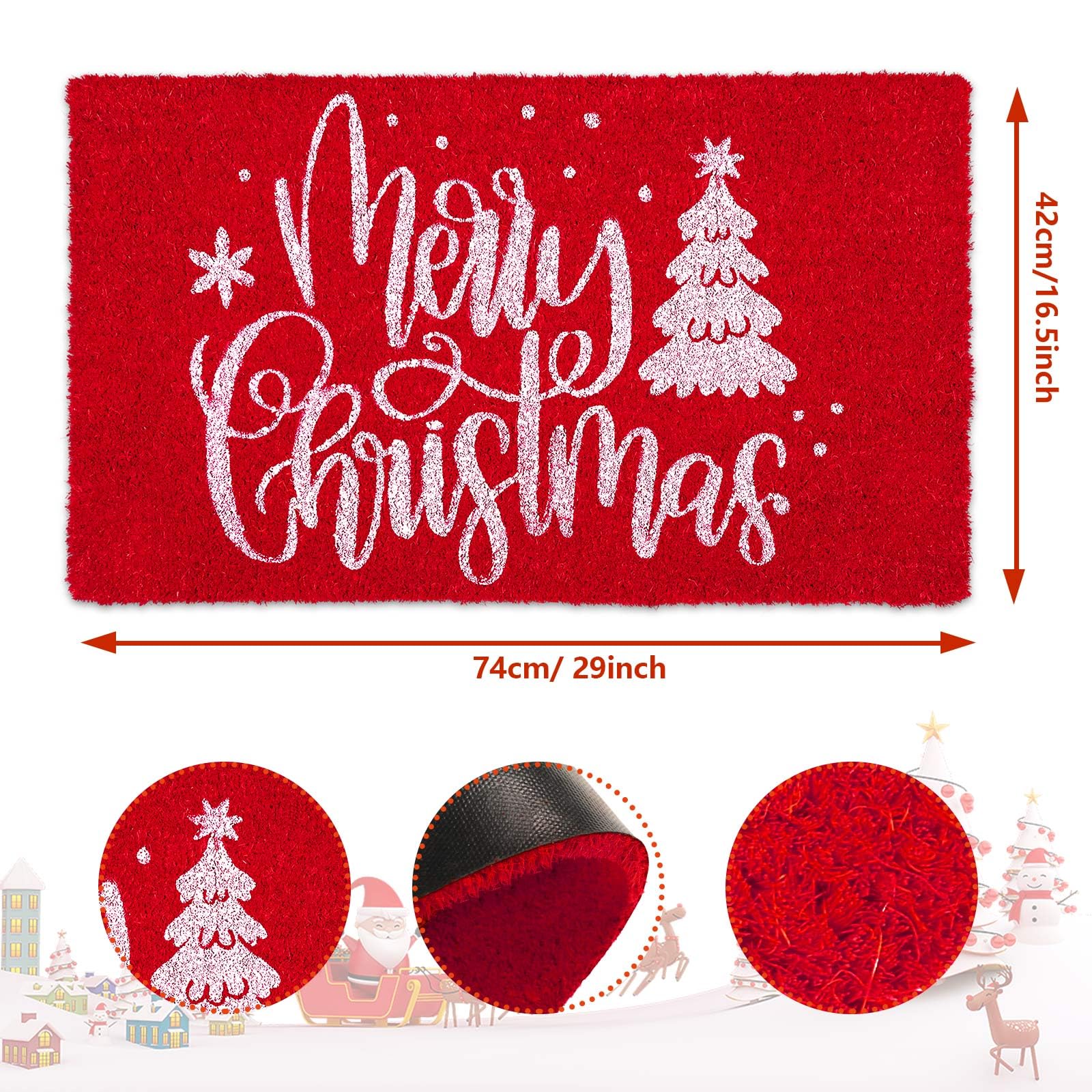 AnyDesign Frohe Weihnachten Fußmatten Natürliche Kokosfaser Fußmatte Rot Weiß Rutschfeste Bodenmatten Weihnachtsbaum Gedruckt Dekorative Eingangstür Teppiche für Weihnachten Innen Außen Badezimmer
