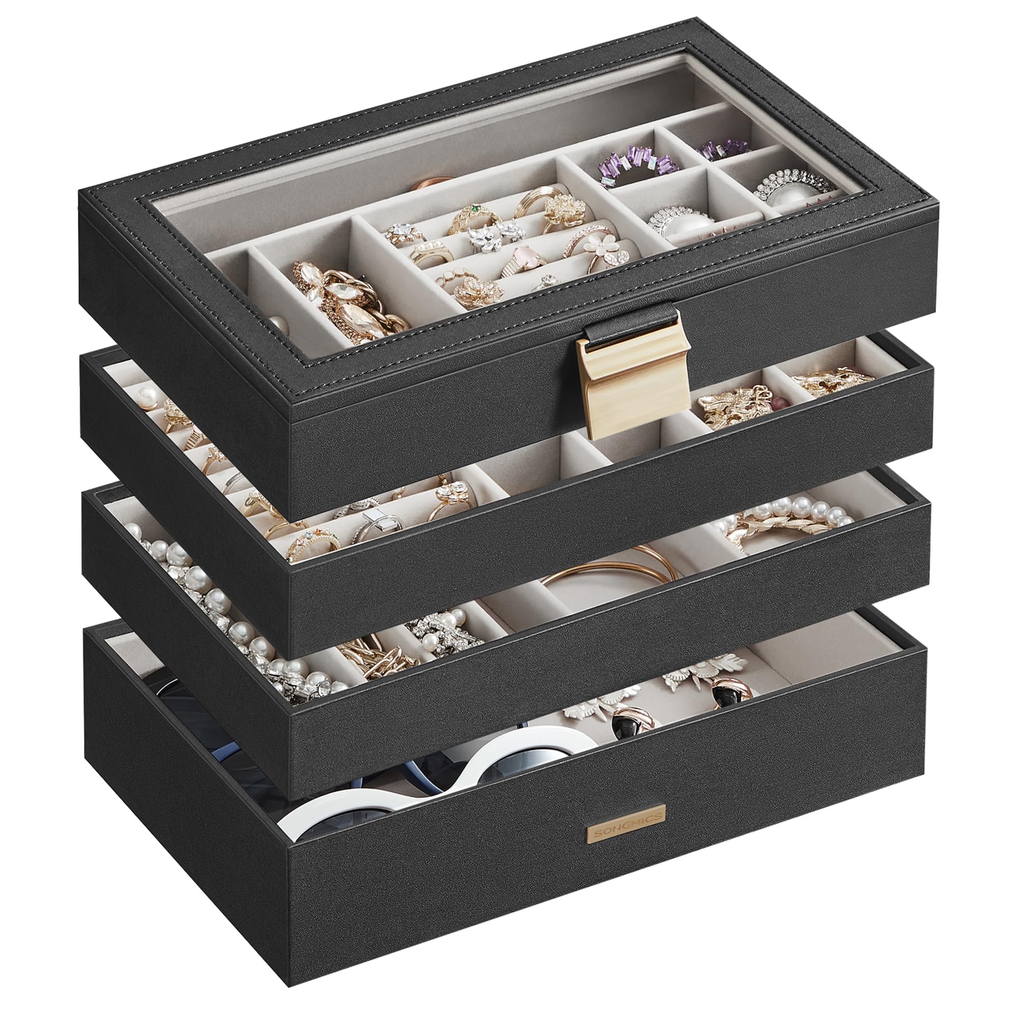 SONGMICS Schmucktablett stapelbar, Schmuckkästchen 4 Ebenen | Schmuckbox mit Glasdeckel, Schmuckeinsatz für Schminktisch, 28 x 17 x 18,3 cm, Schwarz, GISELLA Kollektion JBC164B01