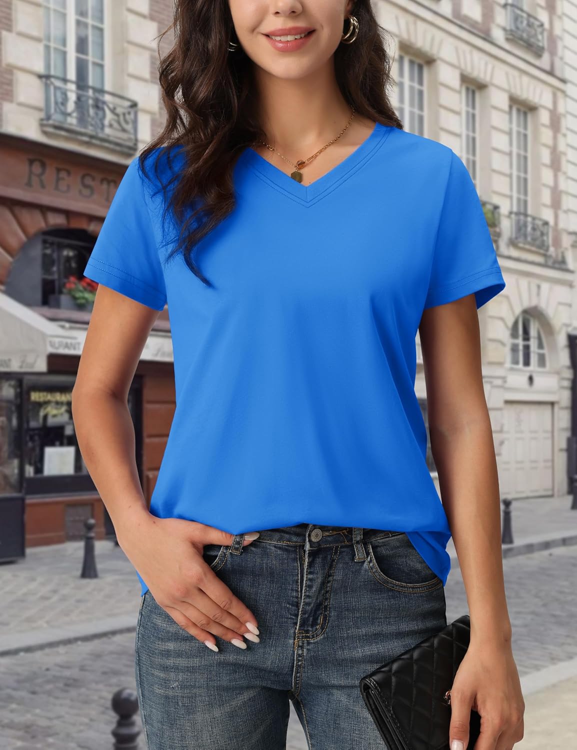 MAGCOMSEN Women's Cotton T Shirt V-Neck Short Sleeve Shirt Classic-Fit Casual Breathable Tee Summer Basic Tops - Image 2