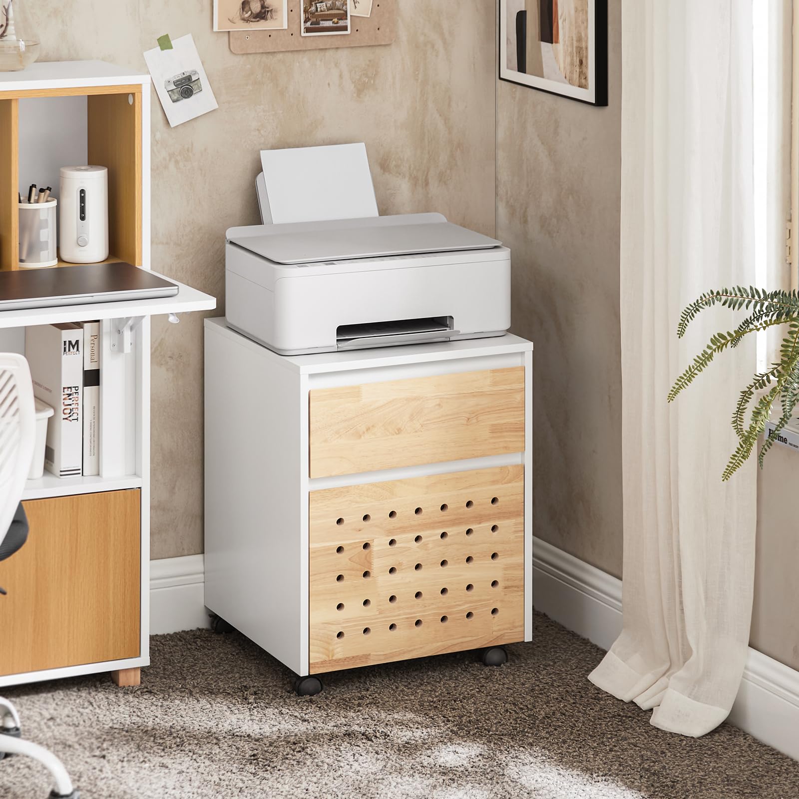 SoBuy Armoire de rangement sur roulettes pour bureau - Blanc et naturel - 45x45x59 cm - ASK06-WN