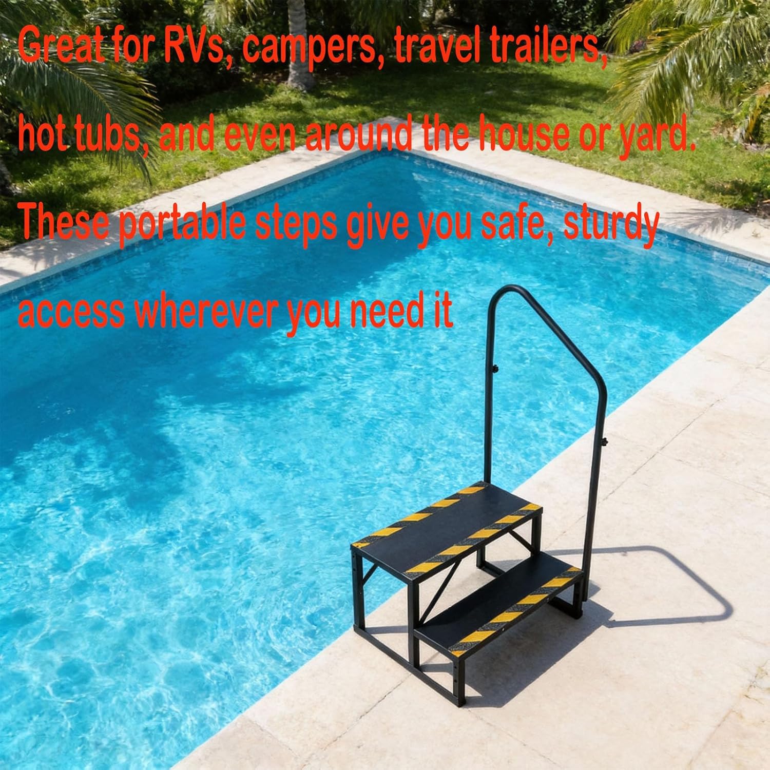 2 Step Swimming Pool Steps with Handrail - Heavy Duty Solid Steel Stairs for In Ground Pools, Outdoor Deck, Spa and Hot Tub (Black)