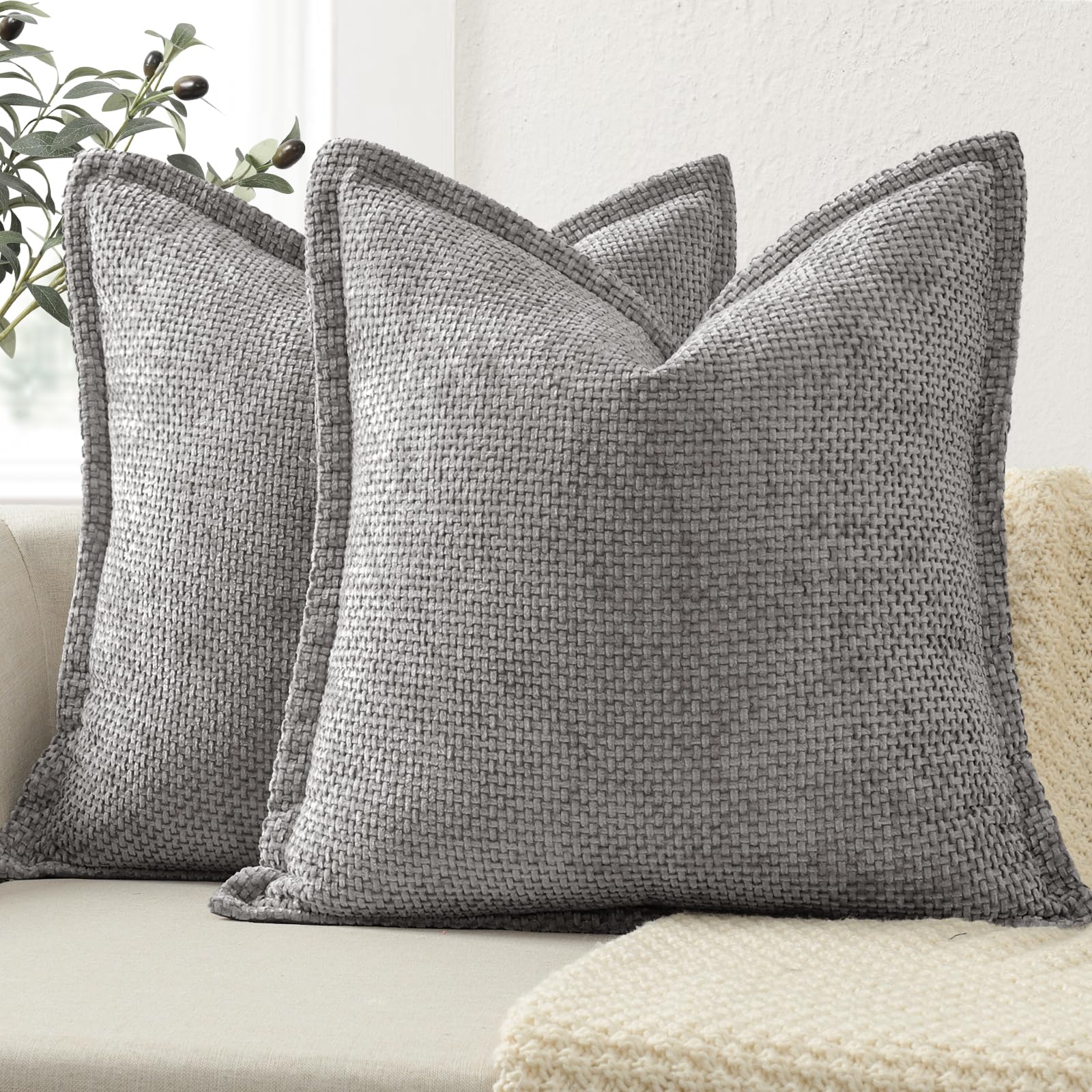 ZWJD Soft Chenille Cushion Covers 40x40 2 Pack, Decorative Cushions with Pressed Edge Design, Light Grey Luxury Home Decor Pillow Covers for Sofa, Couch, Living Room & Bedroom Modern Home Décor — image 1