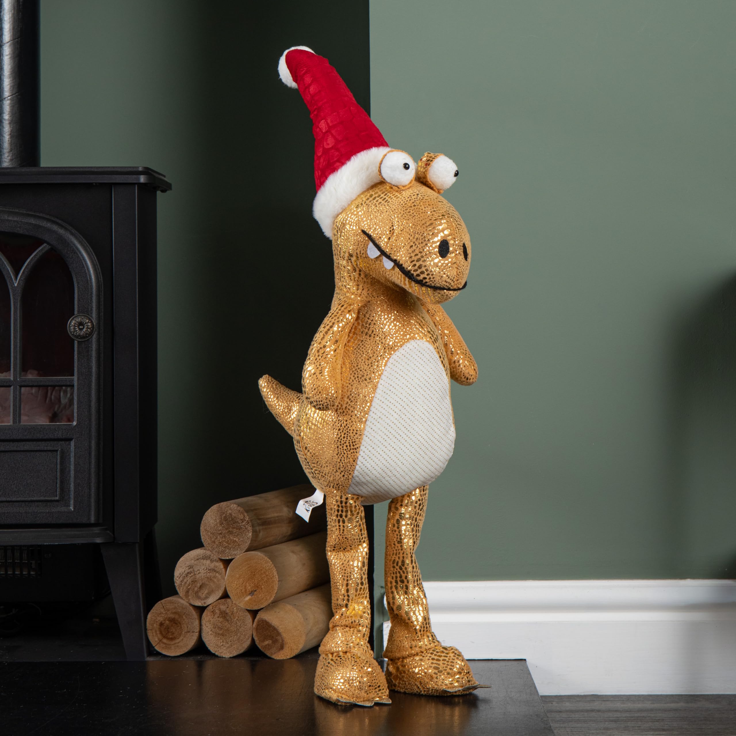 Samuel Alexander Gold 70Cm Tall Plush Santa-Saurus Dino Standing Christmas Decoration With Santa Hat