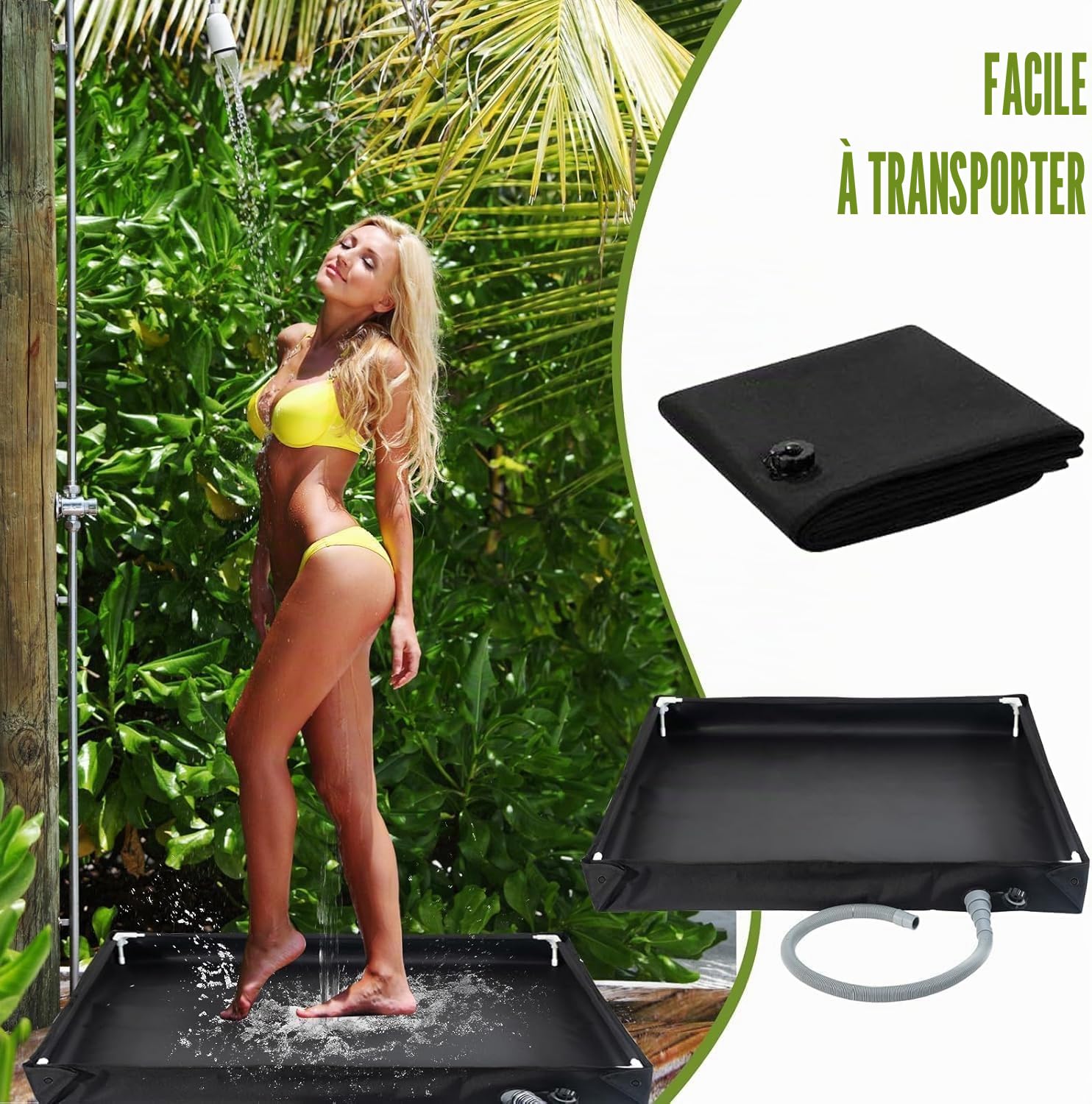 Bac de douche portable, 2 en 1 Douche de camping pliable de base Bac de douche portable mobile avec tuyau de vidange, base de douche pliable portable 80x80x10cm résistante Oxford imperméable