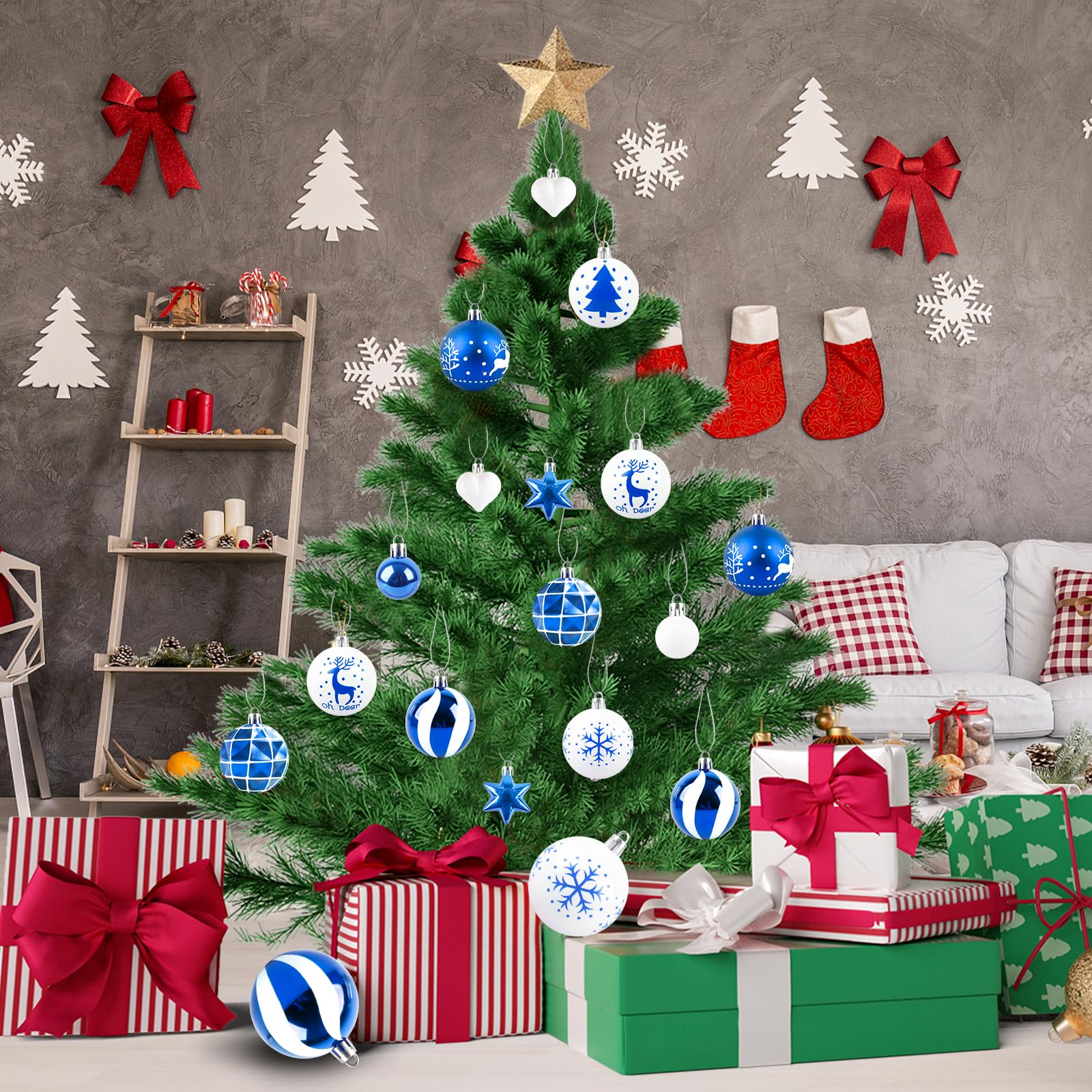 Aitsite 38 Pezzi Palline di Natale Blu e Bianco, 6CM /3CM Palline Albero di Natale Decorazioni Natalizie per Albero, Palle di Natale in Plastica, Infrangibile Appendere Addobbi Natalizi