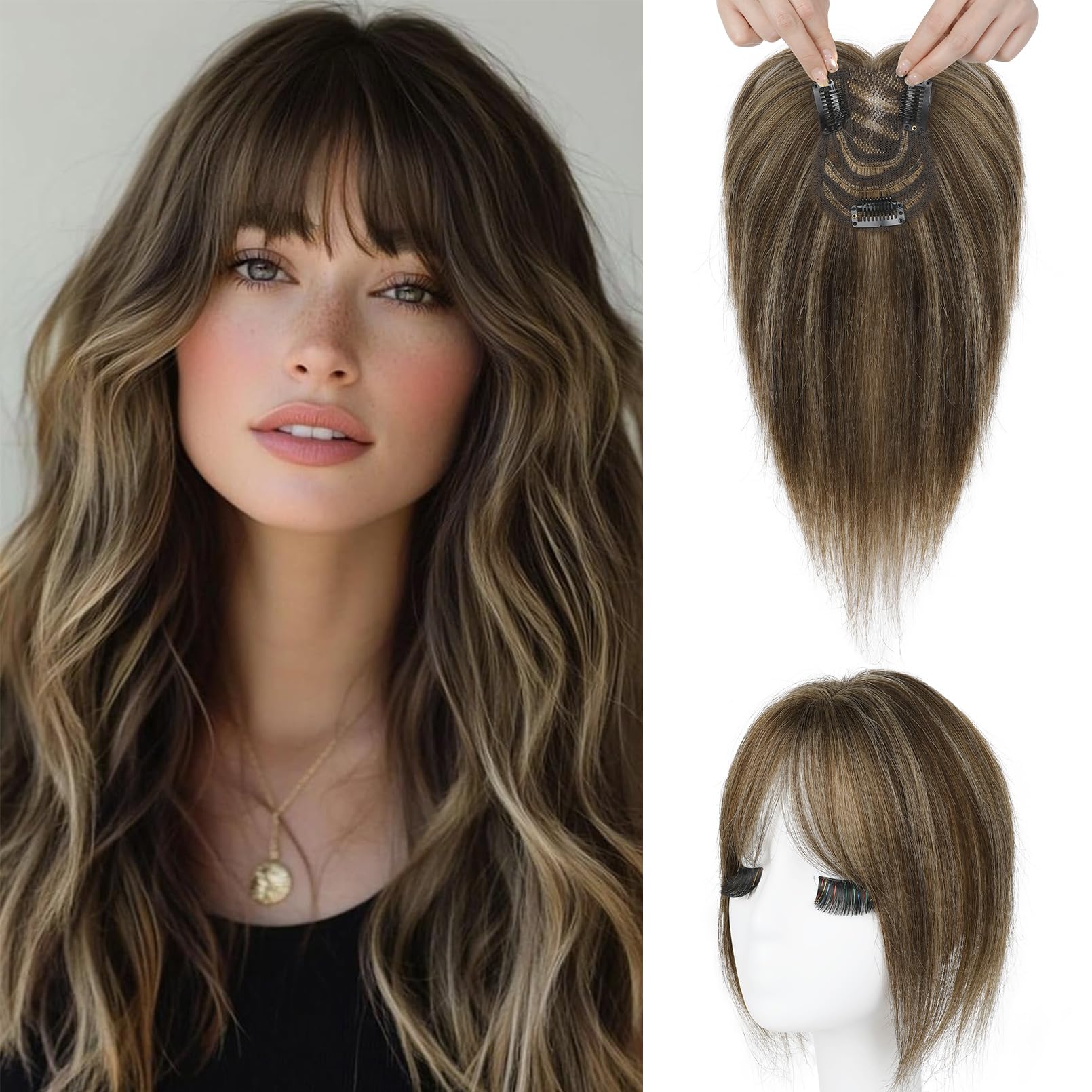 SEIKEA Hair Toppers for Women Real Human Hair, 10" Clip in Bangs Hand-tied Base 1.4 * 2.2inch Natural Realistic with Thinning Hair with Wispy Bangs