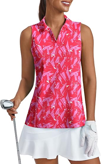 PINSPARK Womens Golf Shirt Sleeveless UPF 50+ Polo V Neck Workout Tank Tops