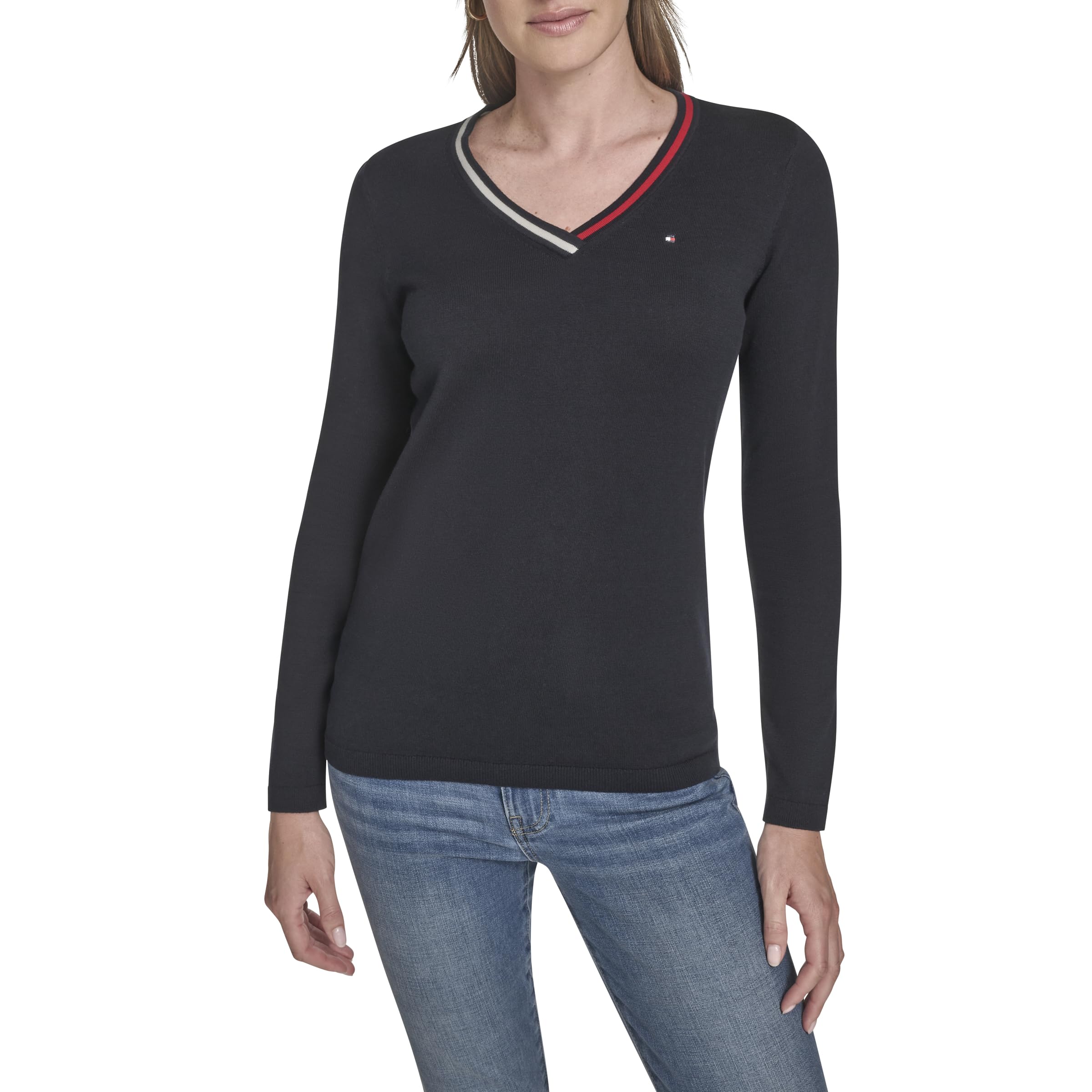 Tommy Hilfiger Women's Solid Long Sleeve V-Neck Cotton Sweater, Sky Captain Multi, L