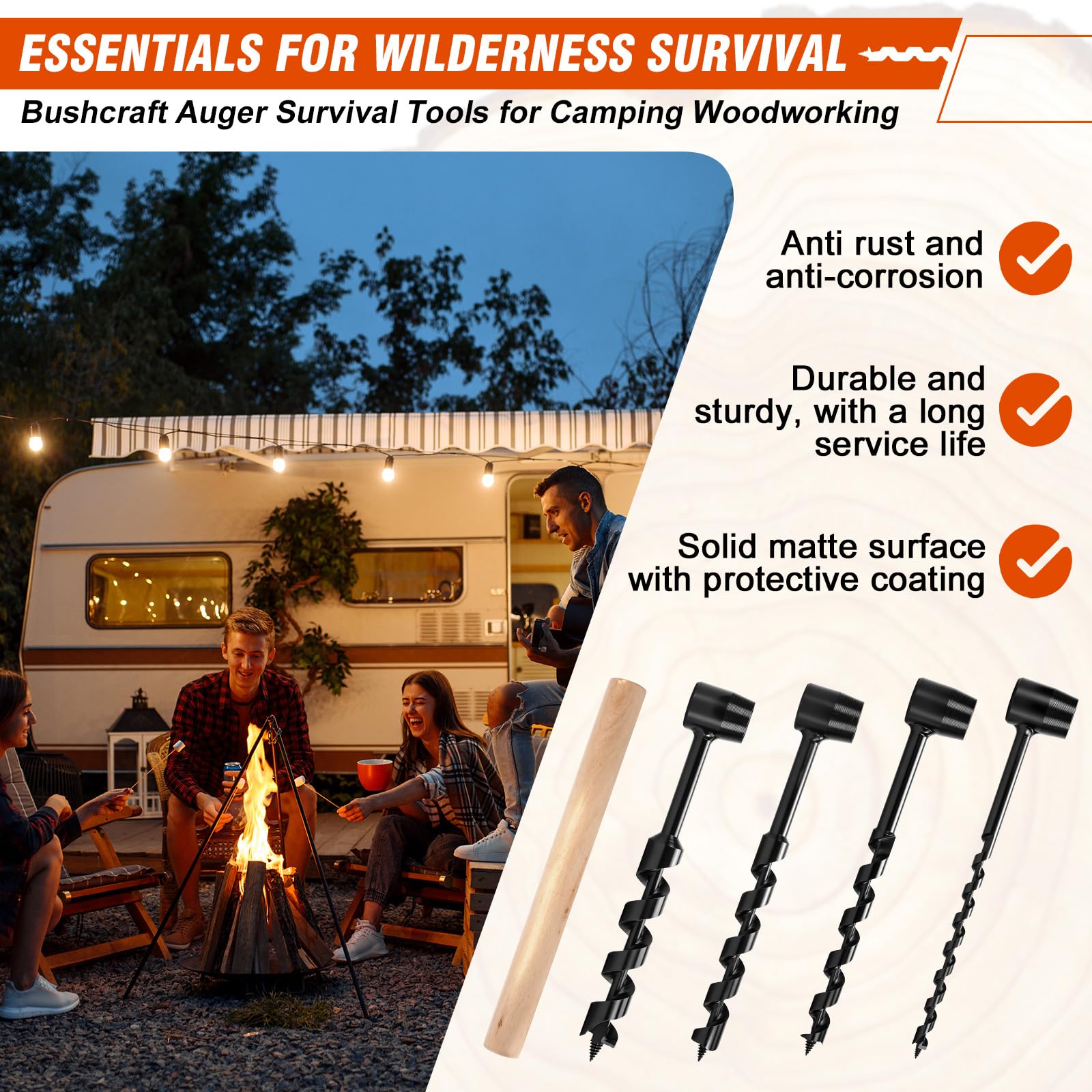 Holzbohrer Manuell Bushcraft, 4 Stück Handbohrer Outdoor Mit Holzstab
