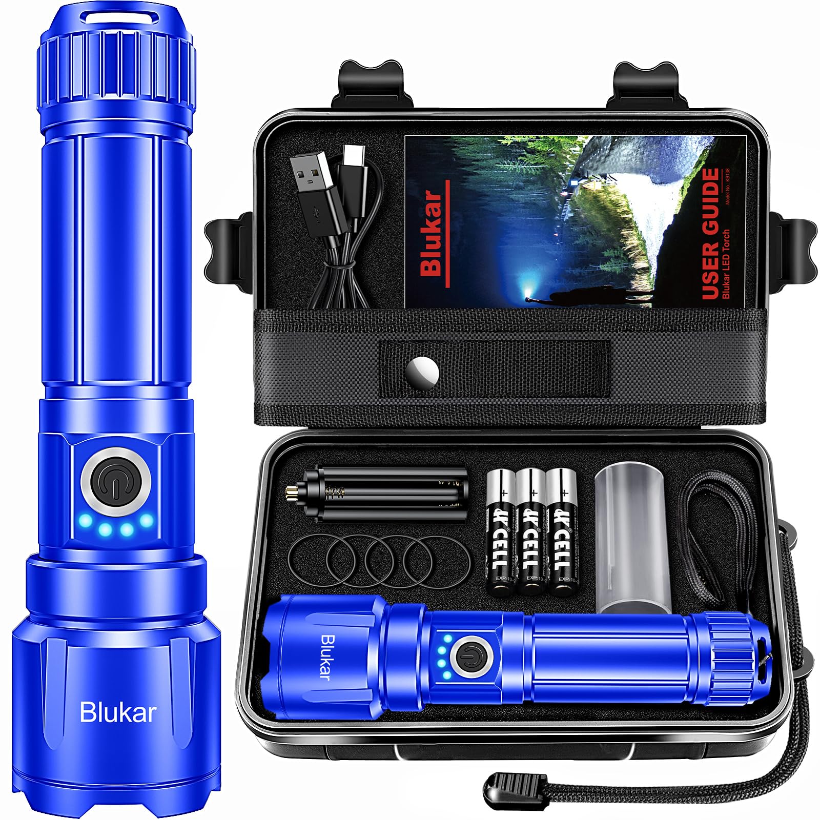 Blukar Rechargeable Flashlight High Lumens, Super Bright LED Powerful Tactical Torch - 5 Light Modes, Zoomable, Long Lasting, Waterproof Handheld Flash Light for Emergency, Camping, Hiking-Blue