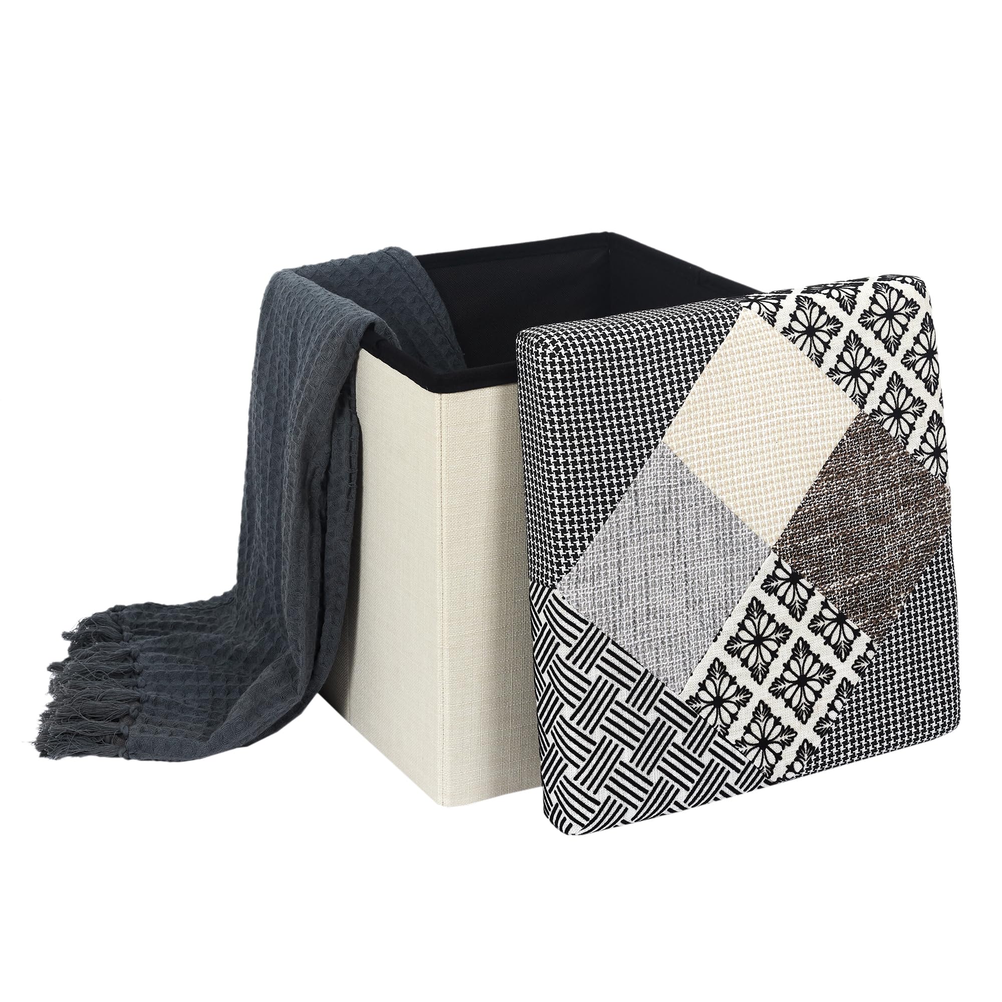 HOME DECO FACTORY HD7491 Pouf Patchwork Mobili Seduta Baule Panca Pieghevole Entree Soggiorno Camera Da Pranzo, Grigio, Bianco, Nero, Beige, 38x38x38 cm