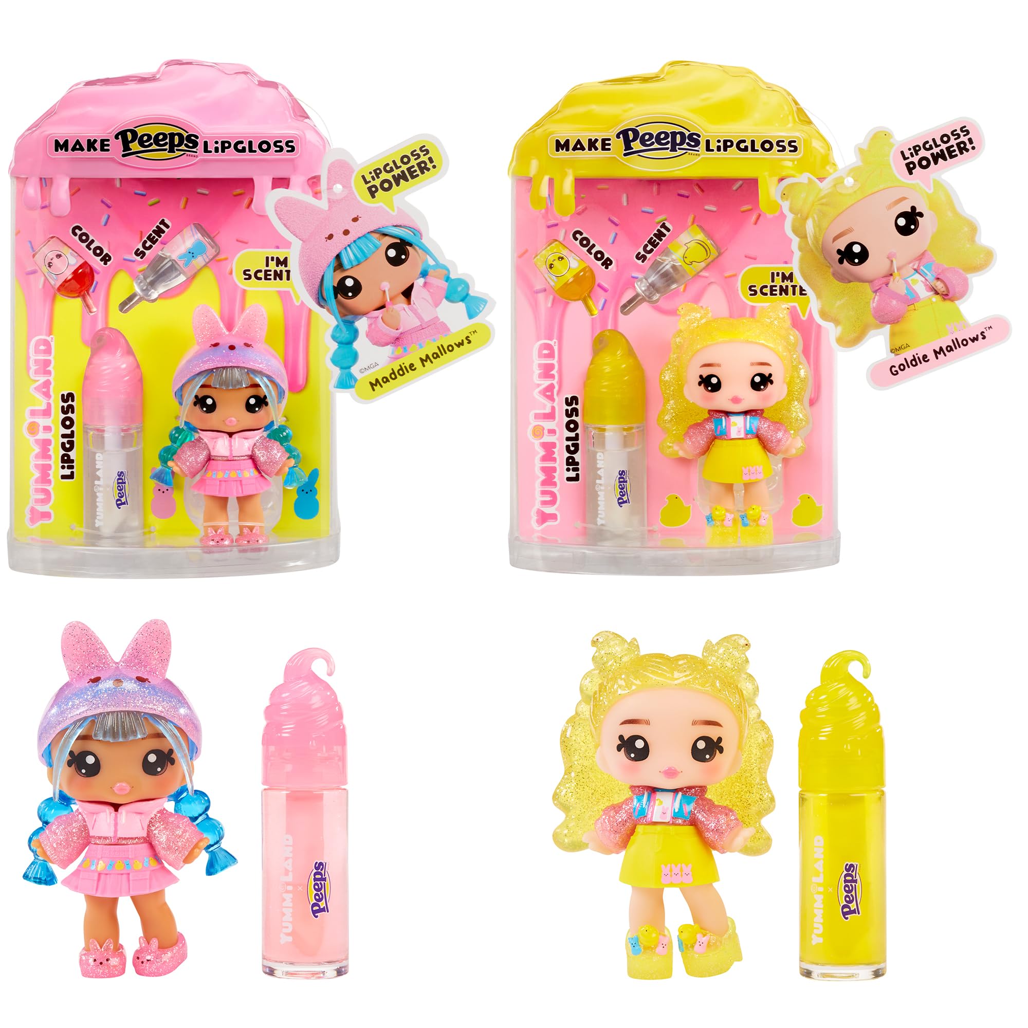 Yummiland X Peeps – Poupée Lip Gloss Maddie Mallows – Kit DIY Gloss Parfumé – Vêtements Personnalisables – Porte-clés – Dès 4 Ans – Édition Pâques