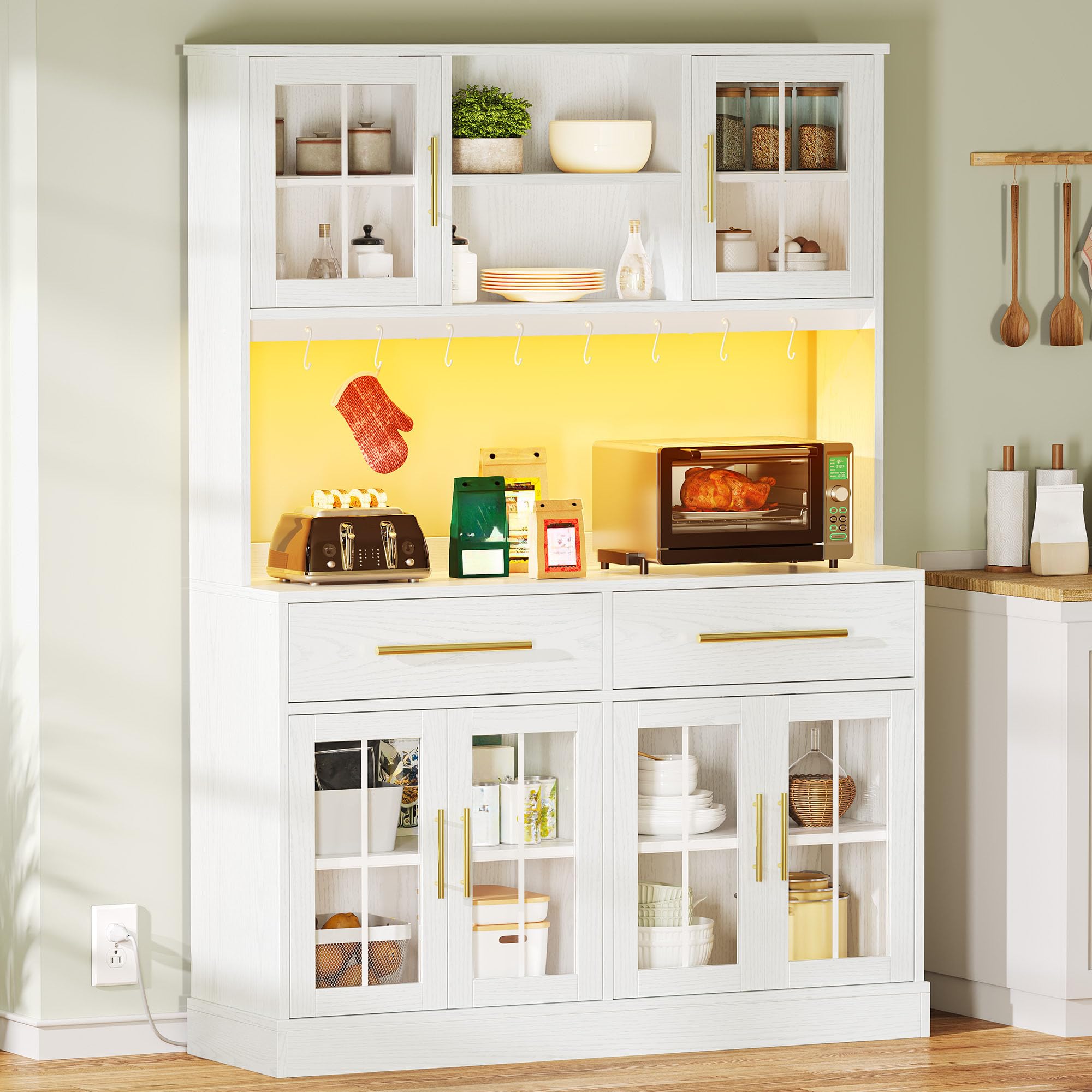 YITAHOME 71" Tall Kitchen Pantry Storage Cabinet, Kitchen Hutch Cabinet with Power Outlets and LED Light, Large Food Pantry with Doors and Shelves, Pantry Cabinet with Microwave Stand and Hooks, White