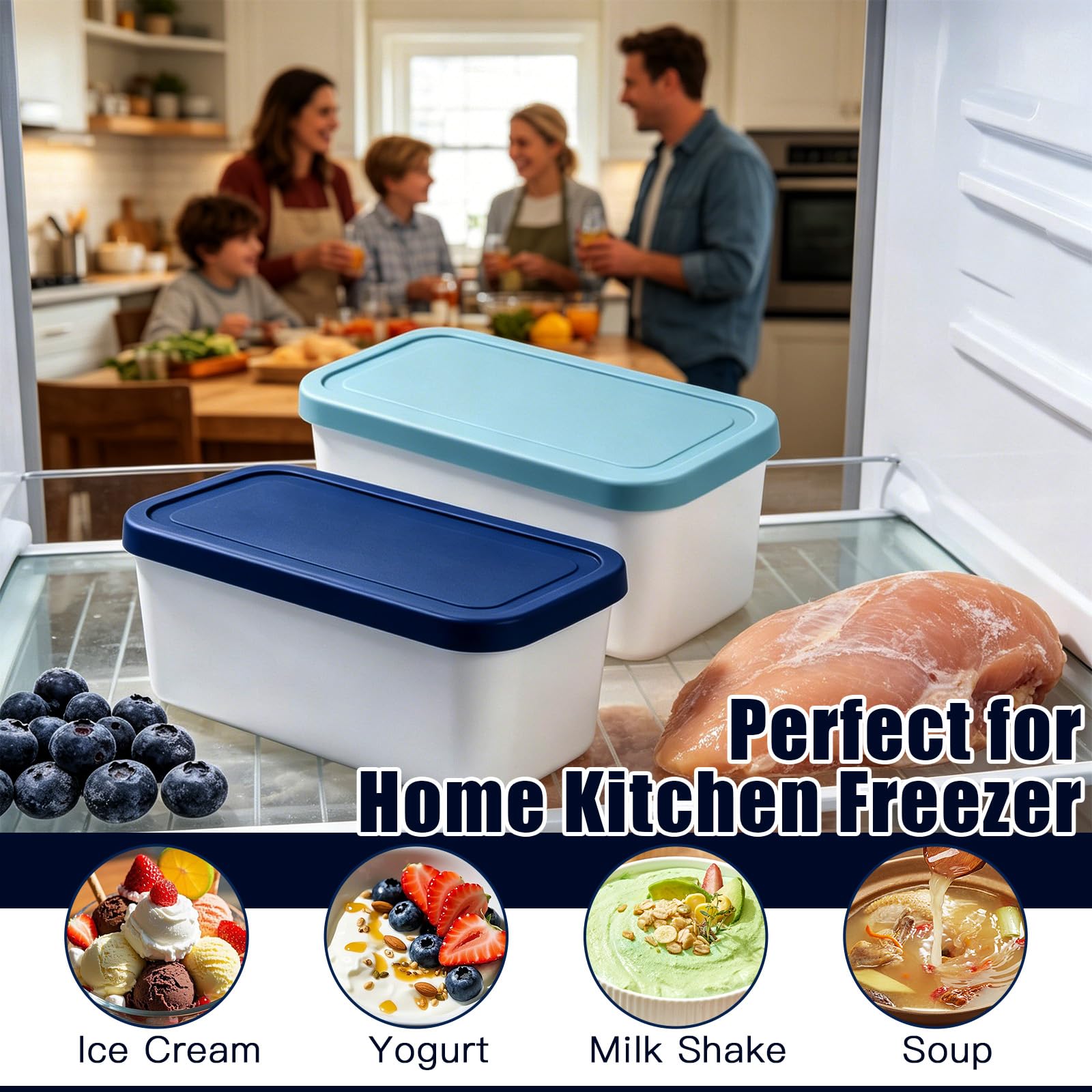2 recipientes rectangulares para helados con tapas, 2 litros, reutilizables, para sorbetes, yogur, postres, sin BPA