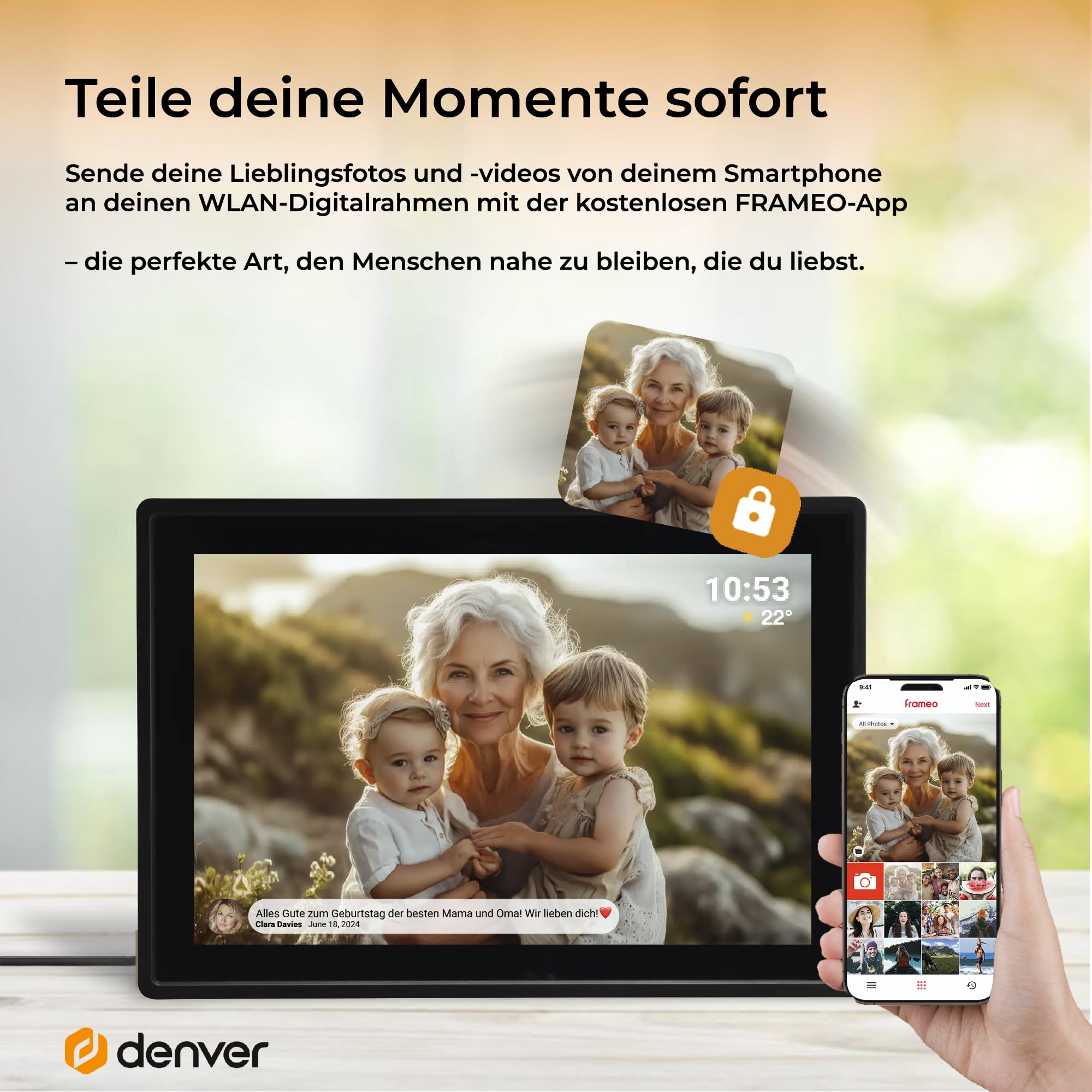 Denver PFF1021 Digitaler Bilderrahmen WiFi 10.1 Zoll, Elektronischer Bilderrahmen 16GB mit FRAMEO App, IPS Touchscreen, Auto-Rotate, Micro SD Slot, Schwarz | Bilder per Handy, SD-Karte