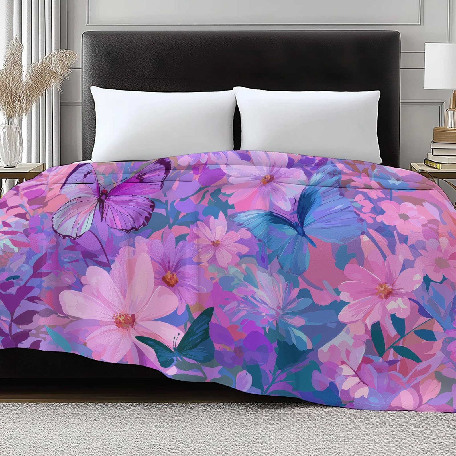 Manta mullida con diseño de animales y mariposas y flores, color rosa, 220 x 240 cm, suave manta de forro polar de microfibra, cálida manta para sofá, cama o sofá
