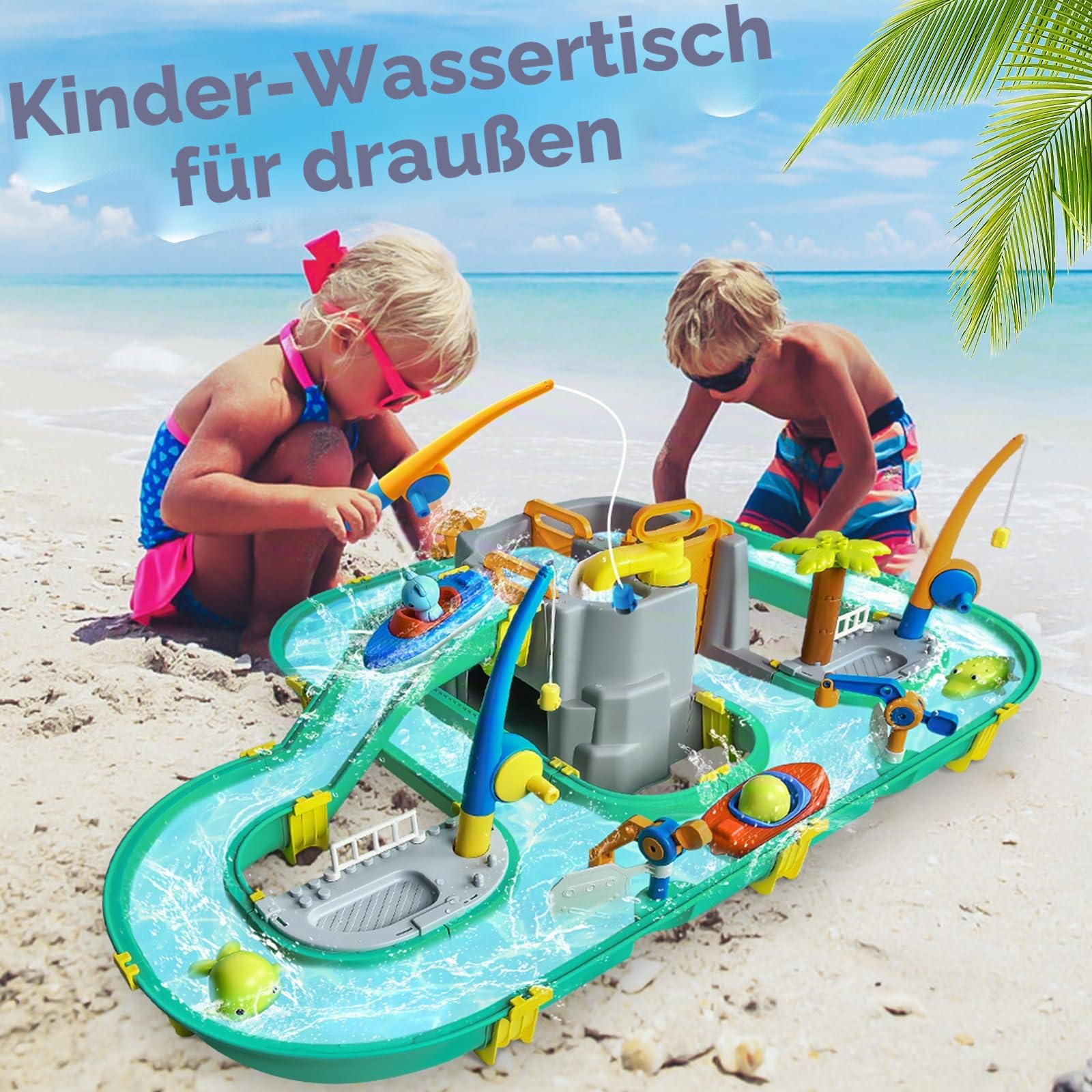 JONRRYIN Wassertisch Spielzeug, Wassertisch Kinder Draußen Spielzeug, Strandspielzeug Wasserbahn Set Wasserpark Spielset mit 2 Booten und Angelfunktion, Sommer Wasserspielzeug für Kinder 3+ Jahr