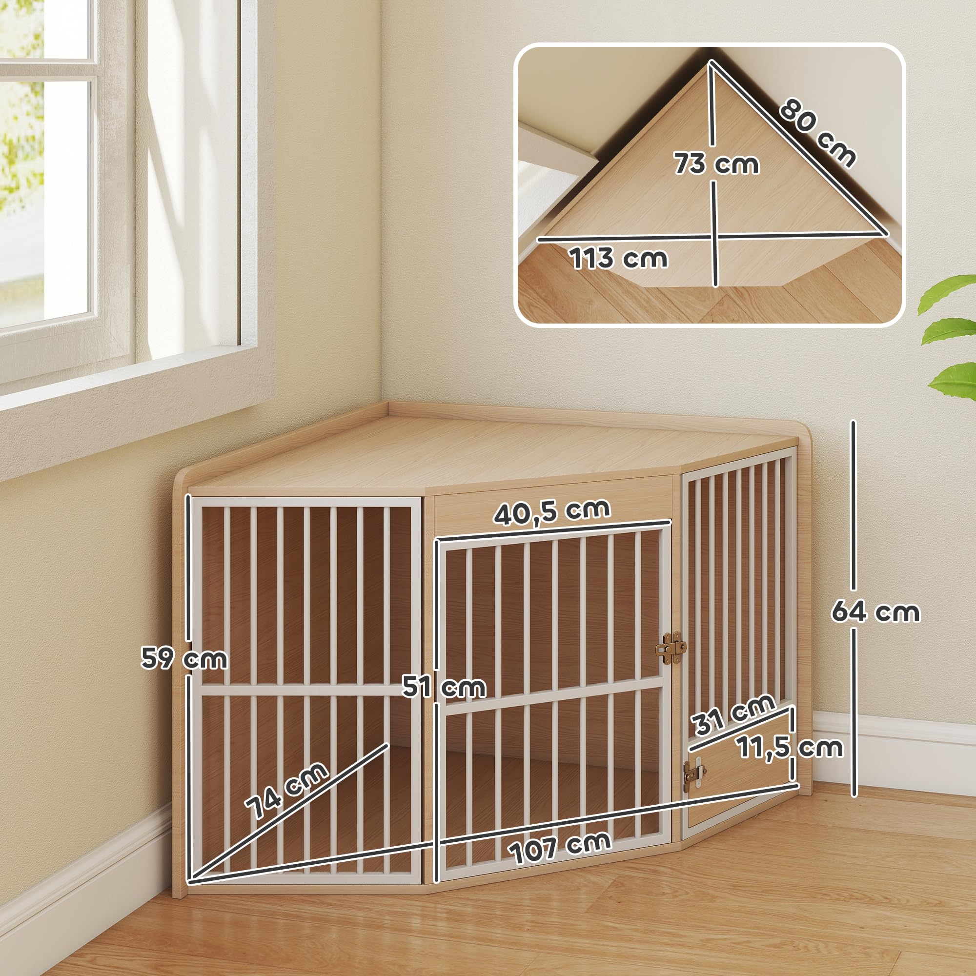PawHut Cage d'angle pour Chien, Cage pour Chien intérieur avec Porte rotative, Table d'appoint pour Petits et Moyens, 113 x 80 x 64 cm, chêne