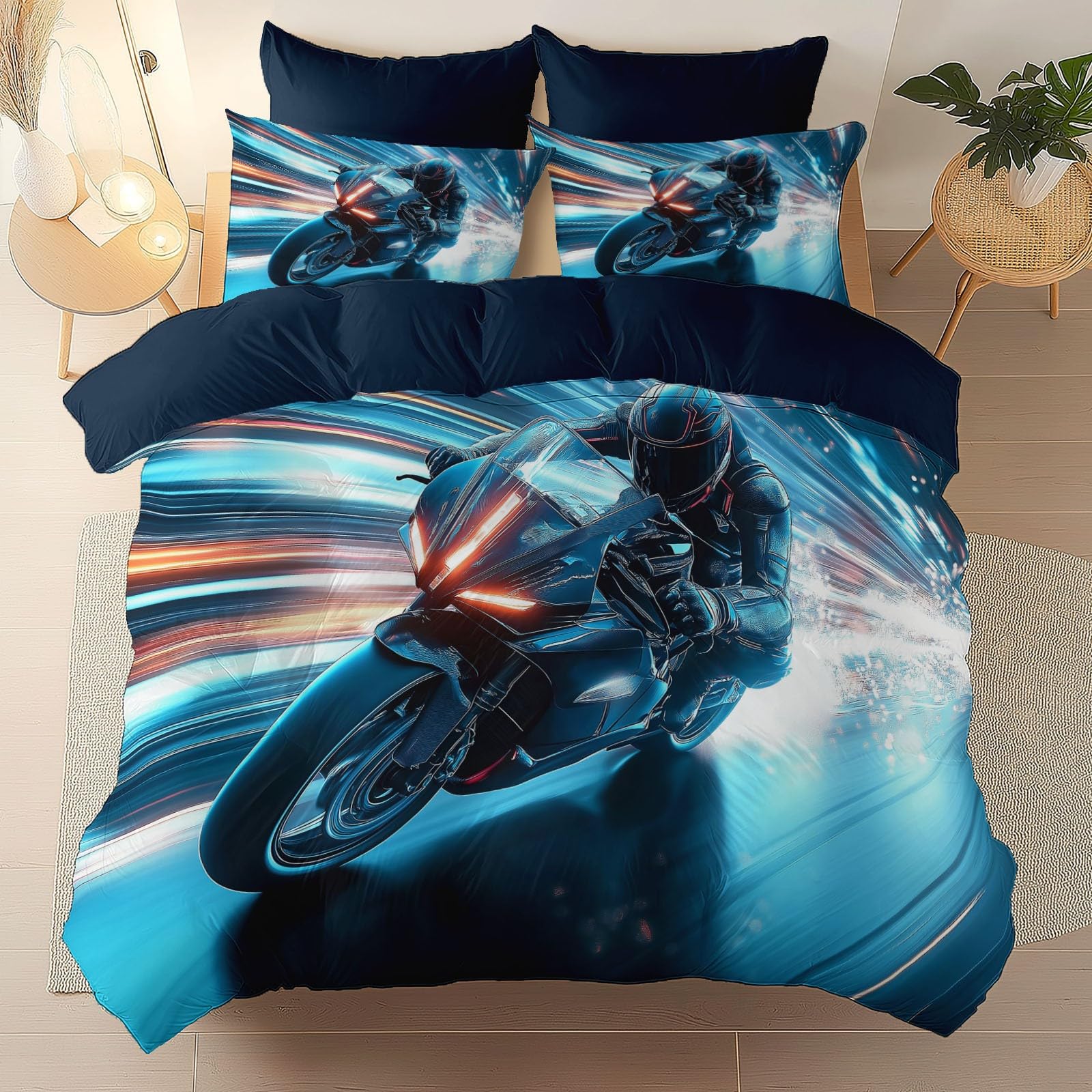 Zestaw pościeli Speed Motorcycle Technology miękki nadruk zestaw pościeli ze szczotkowanej mikrofibry poszewka na kołdrę z poszewkami na poduszki 230 x 220 cm, prezenty dla mamy, dekoracja sypialni
