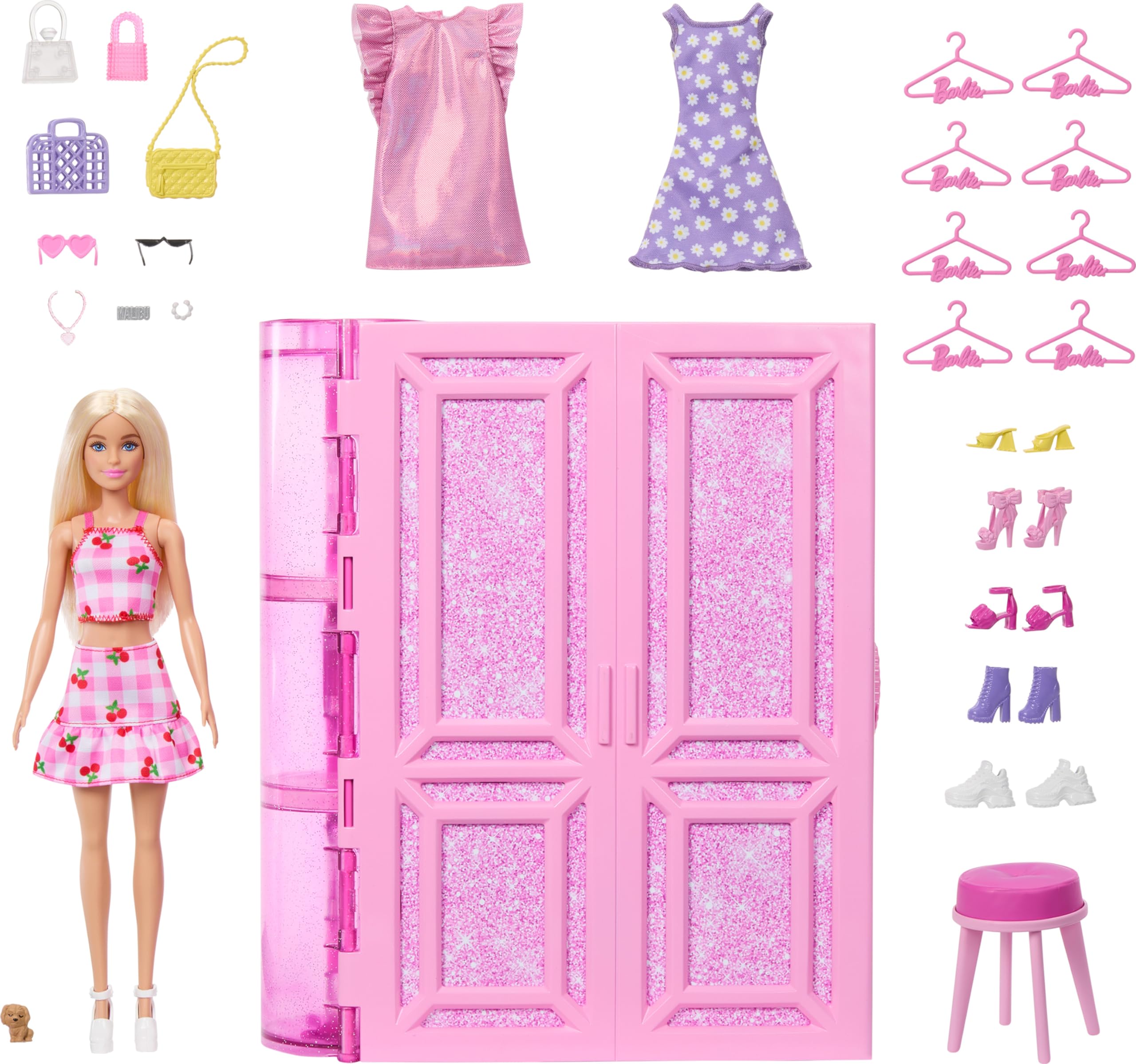 Barbie Dream Dressing Room Playset with 29 Pieces Including Doll, Vanity, Clothing Racks & Accessories, Portable Folding Closet with Handle, Multicolored, Ages 3+