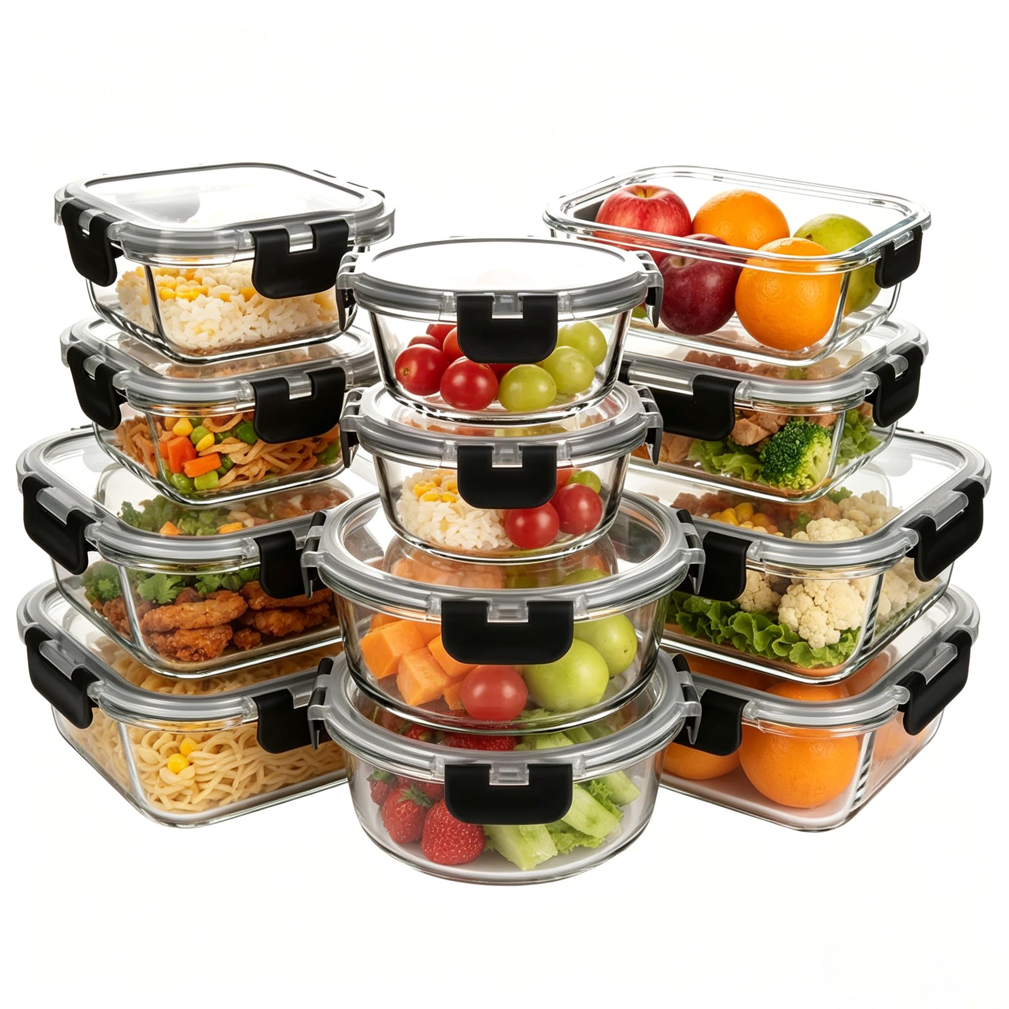 Set da 24 pezzi contenitori in vetro (12 vaschette + 12 coperchi), vaschette ermetiche per meal prep resistenti a microonde e forno, Nero