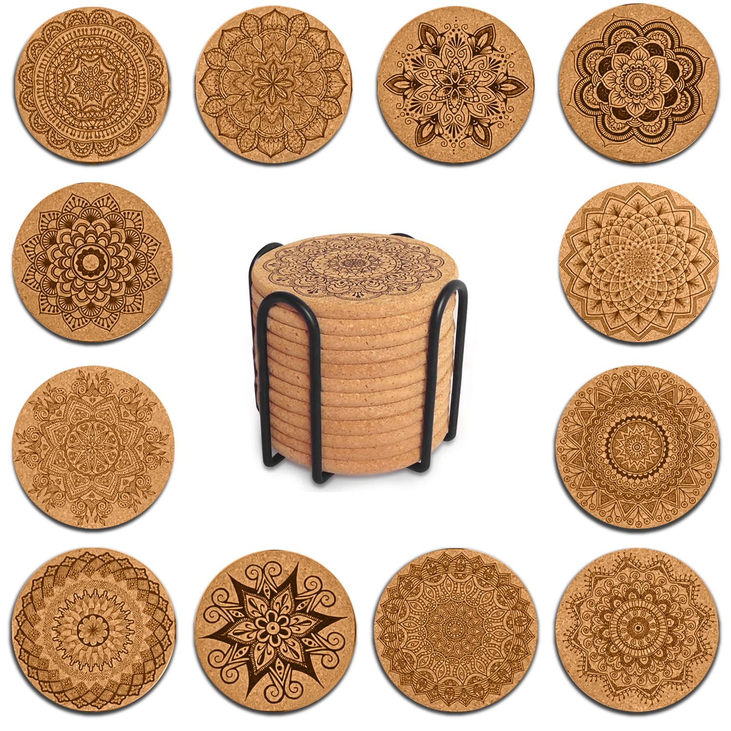 Drink Coasters - 12-Piece Cork Coasters Set with Unique Patterns for Cups, Mugs, Glasses - Reusable, Round Cup Mats for Home, Office, Bar, Coasters for Cups, Log color