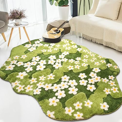3D Moss Flowers Rug - Oval, Large Green, Washable, Non-Slip Backing - Aesthetic for Bedroom & Living Room (63"x90") - Oval - 63"x90"