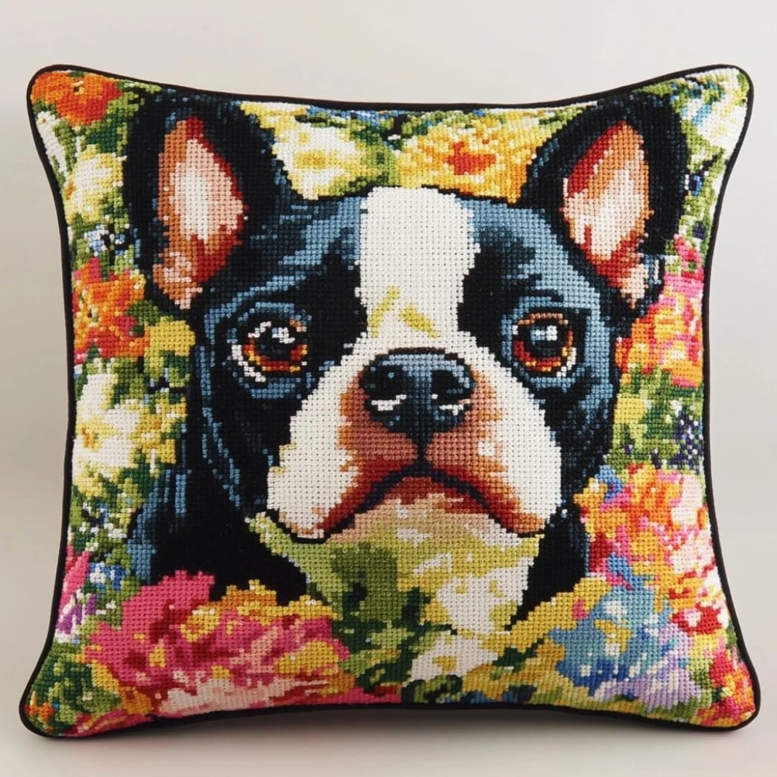 WallustrioaW Embroidery Kit Cross Stitch Cushion Kits,Boston Terrier in the Flowerbed,Embroidery Cushion for Creative Home Decor — Needlework for Adult Beginners,45x45cm