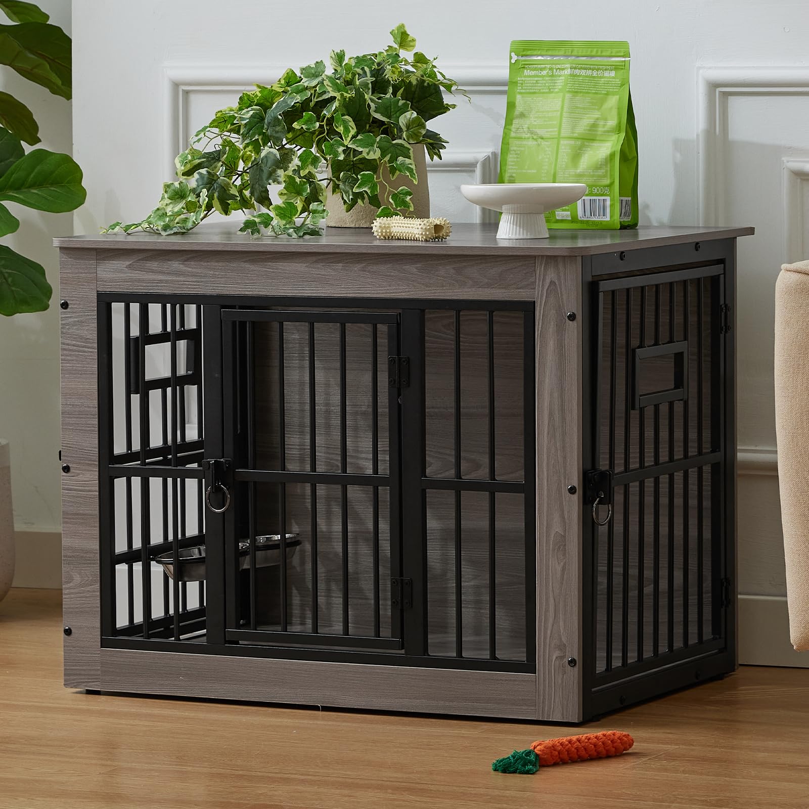 Gardner Pet Dog Crate Furniture,83 cm Heavy Duty Dog Cage,Three Door Wooden Dog Kennel Indoor End Side Table,with 360°Rotating & Adjustable Height Feeder 2 Bowls for Medium Dogs,Rustic Grey