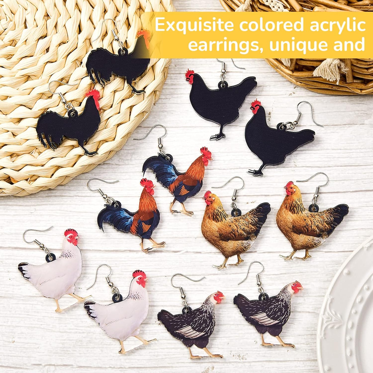 6 Pairs Acrylic Hen Chicken Earrings Animal Rooster Drop Dangle Earrings Cute Farm Chicken Jewelry Gift for Women Ladies Christmas, Animal Teamed Party Favors Accessories - Image 5