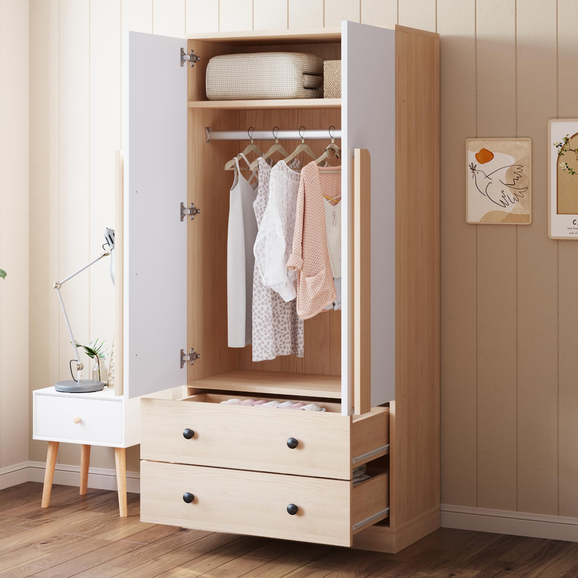 Armadio 70 x 40 x 170 cm, design a doppia ante, con cassetti e ripiani, colore legno + bianco