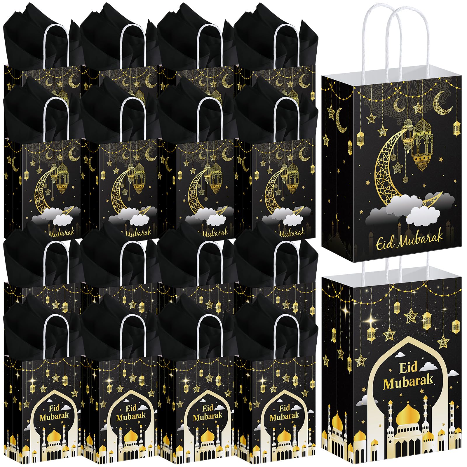 Photo 1 of Trandraft 24 Pcs Eid Mubarak Gift Bags with Tissue Paper Ramadan Goodies Bags Happy Eid Gift Bags Ramadan Party Favor Bags with Handle for Eid Muslim Supplies Al Fitr Party Decoration (Black)