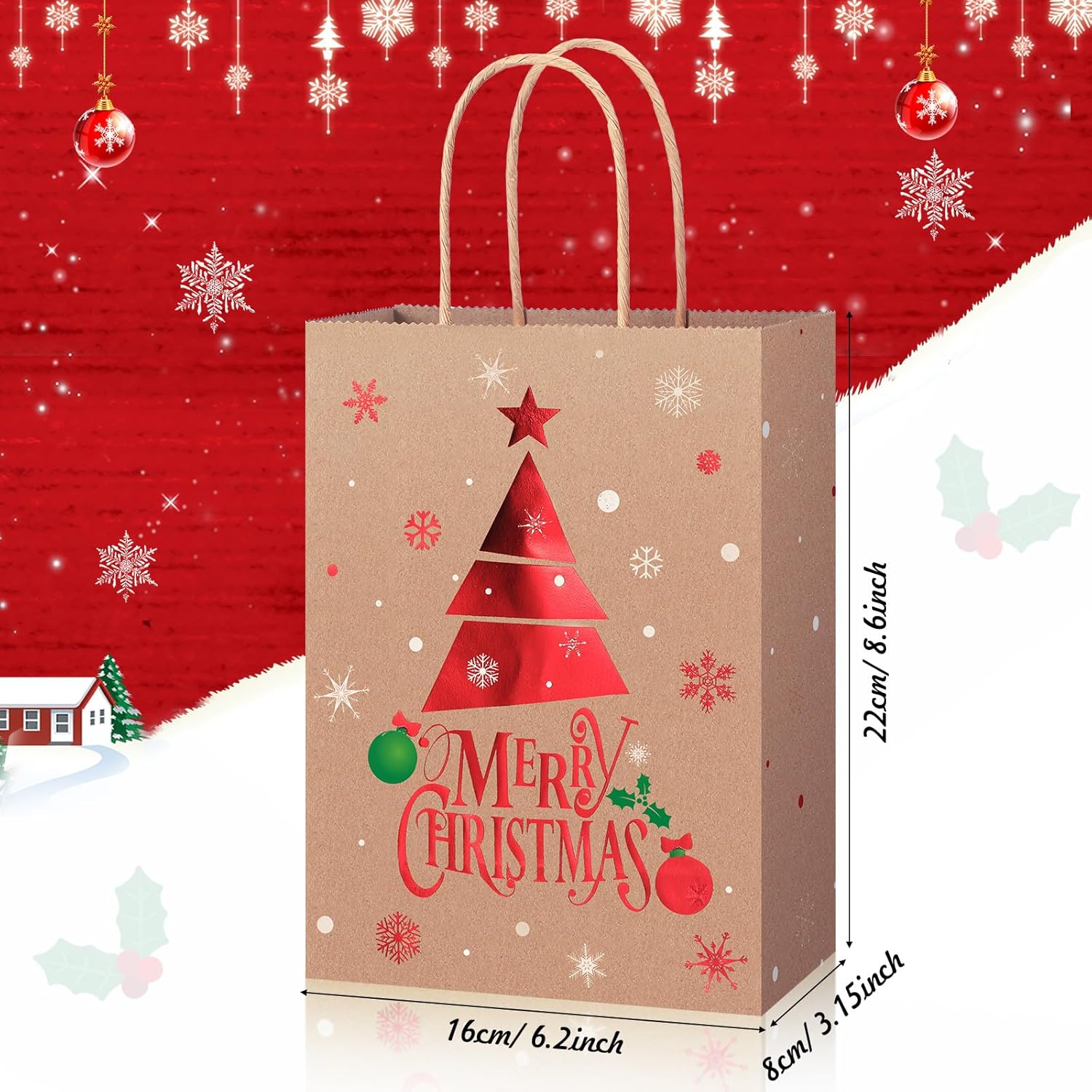 Containlol 72 Pcs Christmas Kraft Gift Bags with Handles Medium Xmas Party Gold Foil Paper Bags Snowman Christmas Tree Paper Goodie Bag Bulk for Xmas Wedding Holiday Present Packaging Party Favors