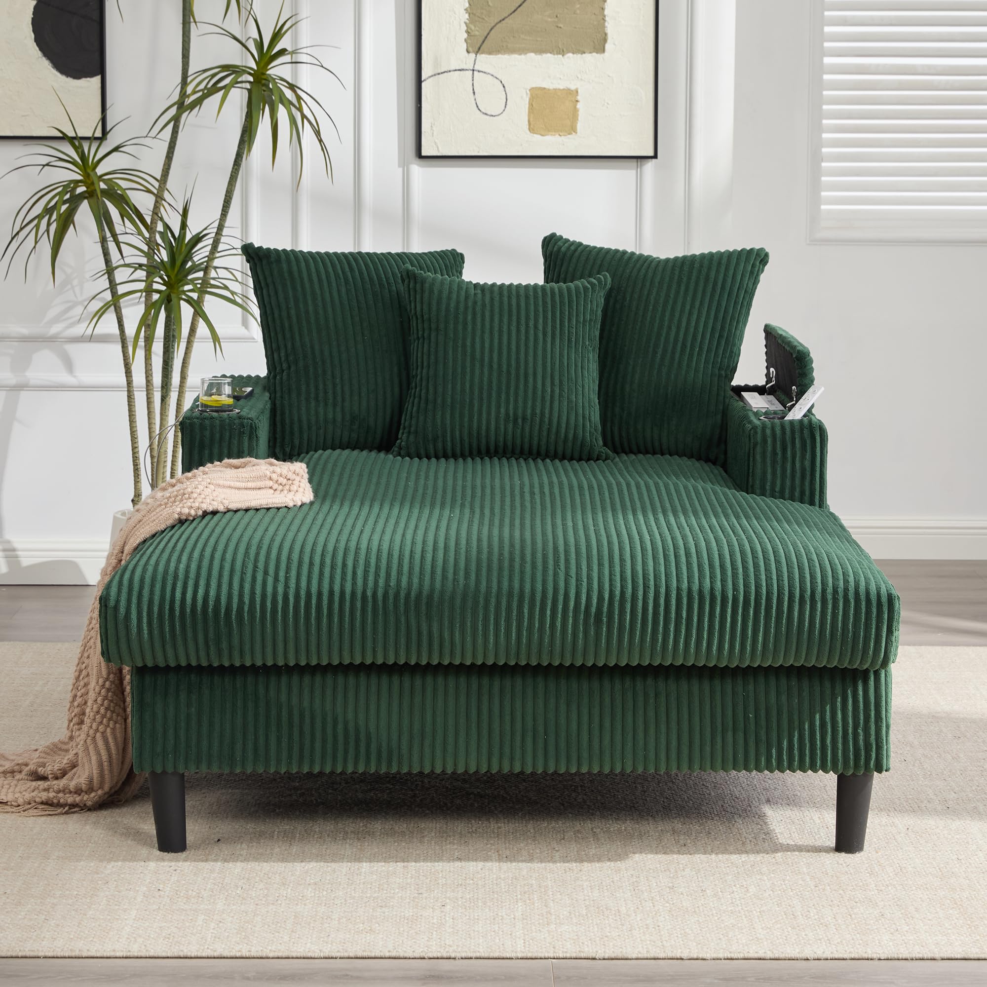 Salón multifuncional de pana con chaise longue con gran superficie de descanso, soporte para bebidas en ambos lados, bolsillo lateral, espacio de almacenamiento, patas de plástico estables