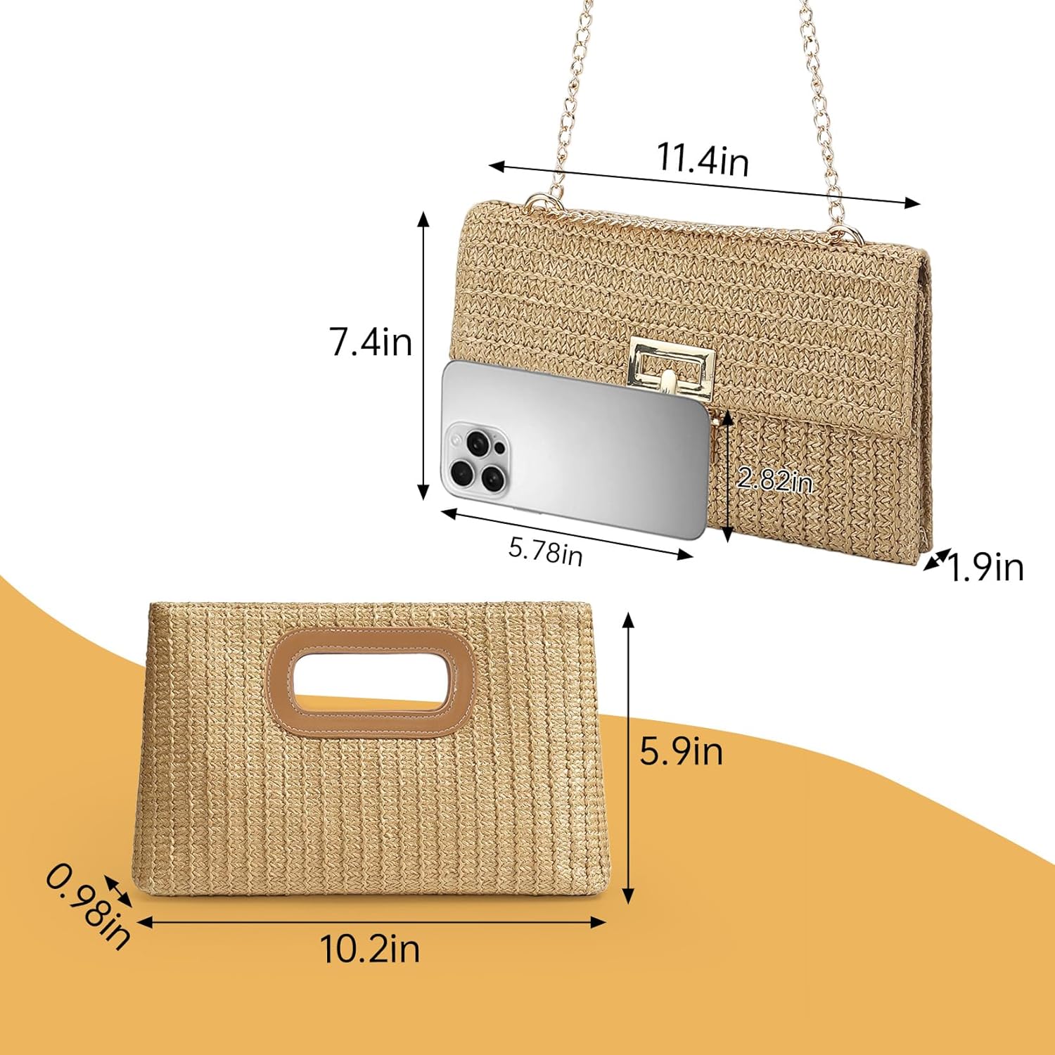 Woven Straw Purses with Metal Chain | Beach Bag for Women | Dual Package for Wedding, Party, Vacation & Evening Events
