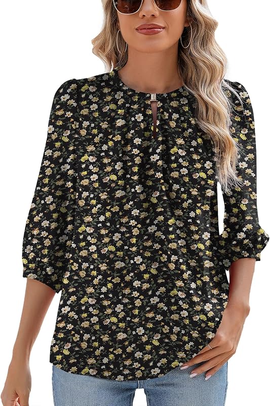 Rapbin Keyhole V Neck Puff 3/4 Length Sleeve Womens Tops Dressy Casual Chiffon Work Blouses Pleated T-Shirts Loose Fit S-XXL