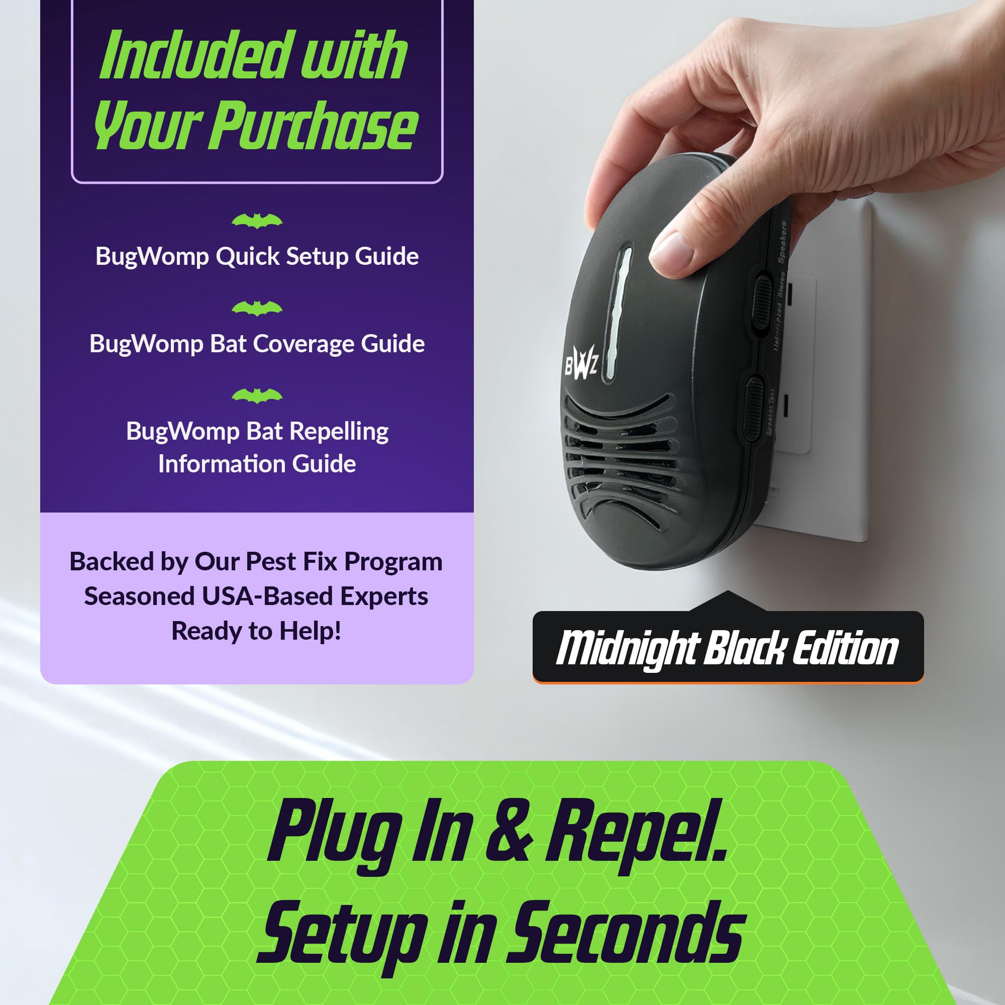 Repelente ultrasónico directo de murciélagos BWZ600, con control de frecuencia Bat-ZoneZonic para repeler murciélagos con precisión (negro medianoche)