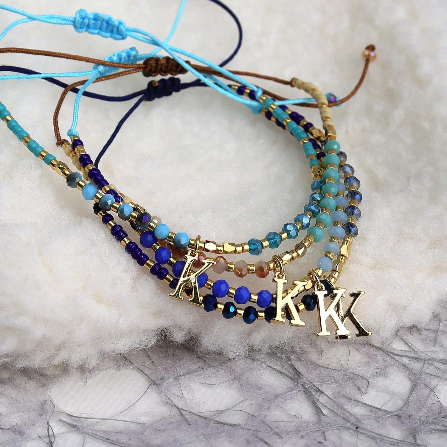 Navy Blue Gold Beaded Natural Stone Initial Bracelets for Women, Boho Handmade Personalized Gemstone Beads Letter Name Braided Rope Adjustable Bracelet Beach Jewelry Gift - Image 4