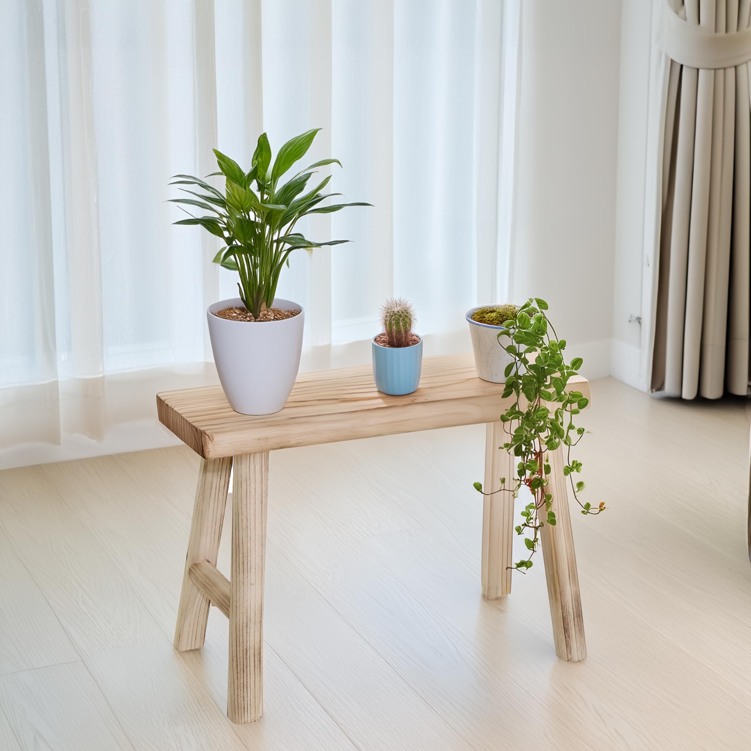 Spetebo Banc de fleurs en bois naturel, rectangulaire, 45 x 44 cm, bois véritable, support décoratif pour plantes, tabouret en bois massif, support pour fleurs, plantes en pot, jardin