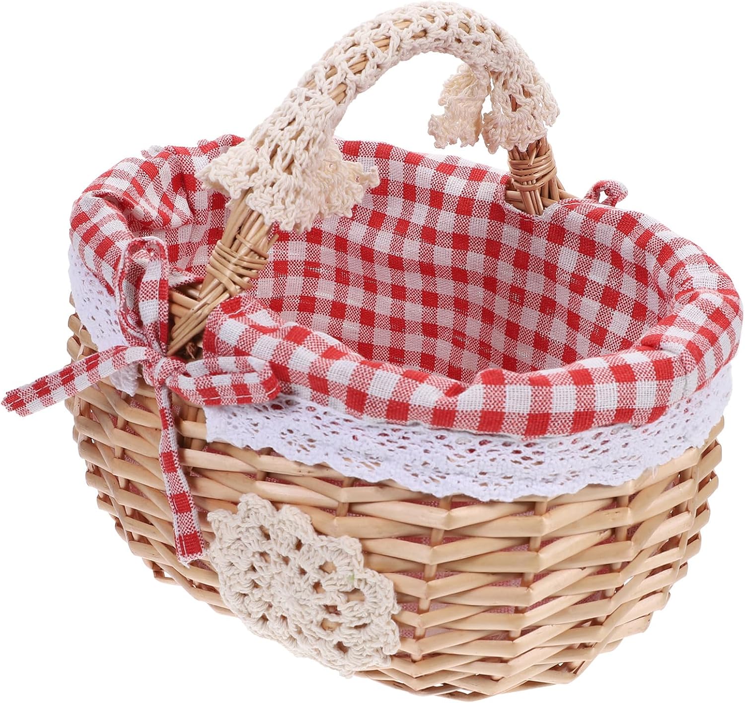 MAGICLULU Woven Picnic Basket with Red Plaid Liner, Oval Willow Shopping Storage Baskets with Handle, Small Country Style Hamper for Outdoor Camping & Party, 10.22 x 7.07 x 7.86 Inch