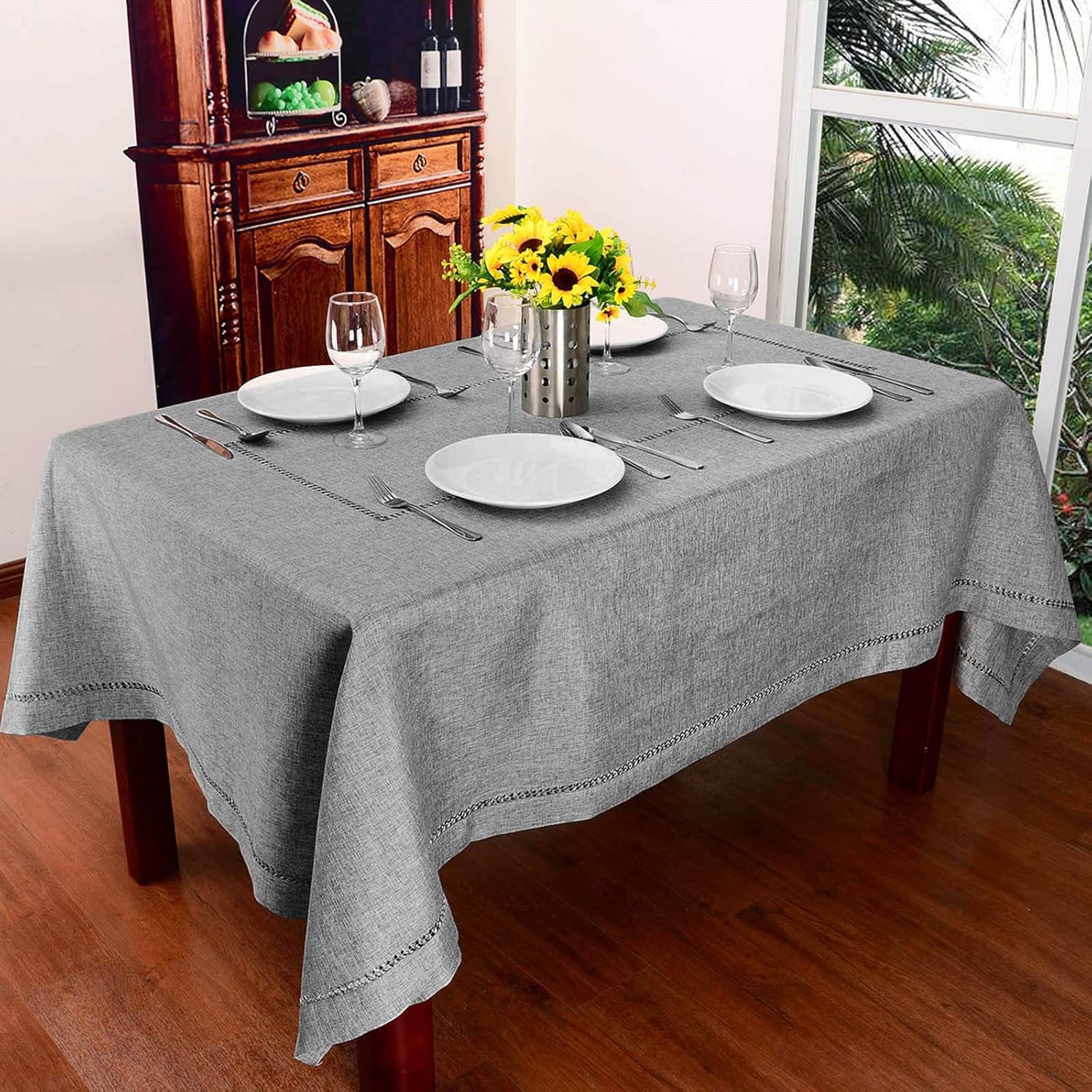 Grelucgo Solid Dark Gray Color Hemstitched Tablecloth (Rectangular 60 x 102 Inches Tablecloth)
