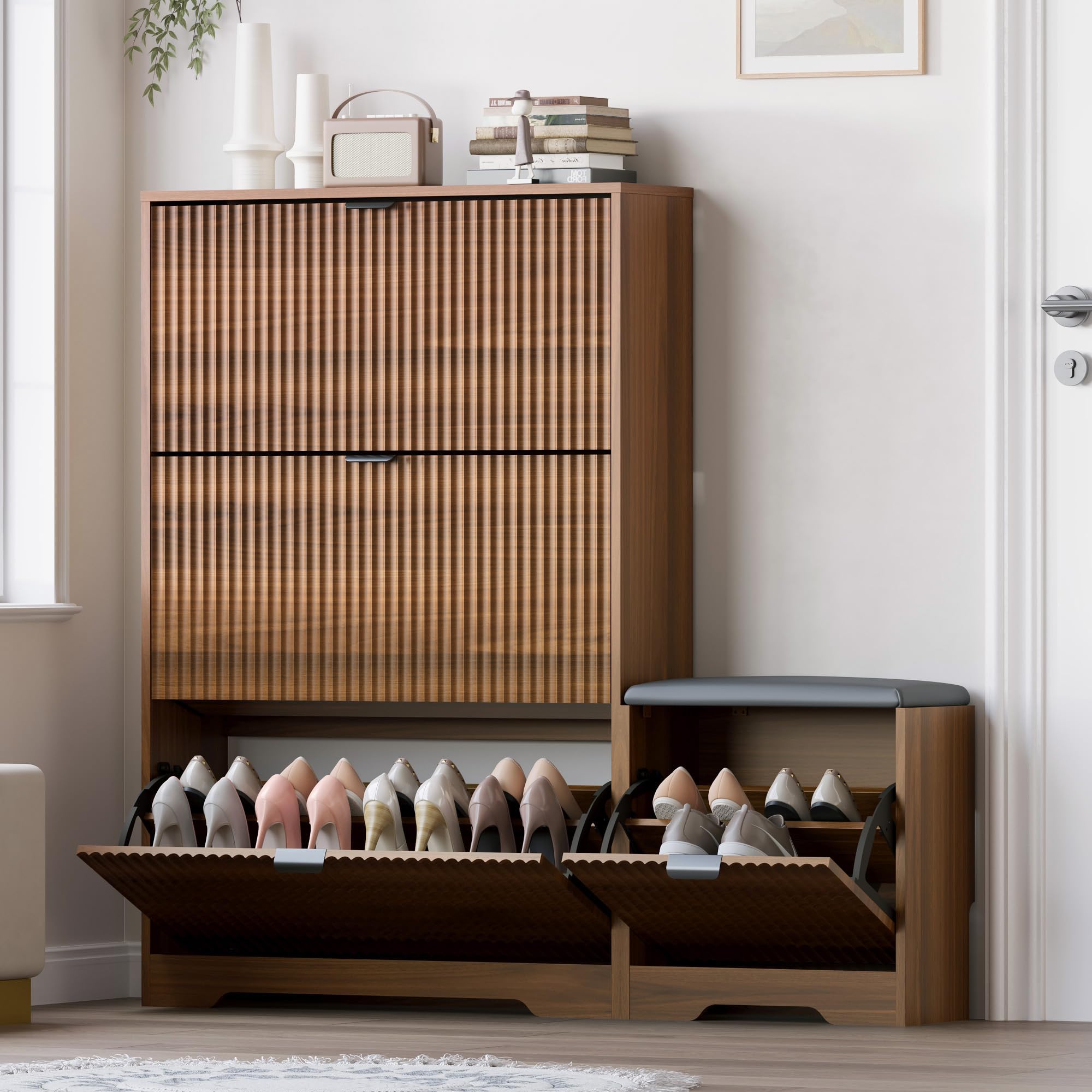 BORNOON Slim Shoe Cabinet with Bench for Entryway, Hidden Storage and Adjustable Shelves, Free Standing Wooden Shoes Organizer for Hallway, Foyer