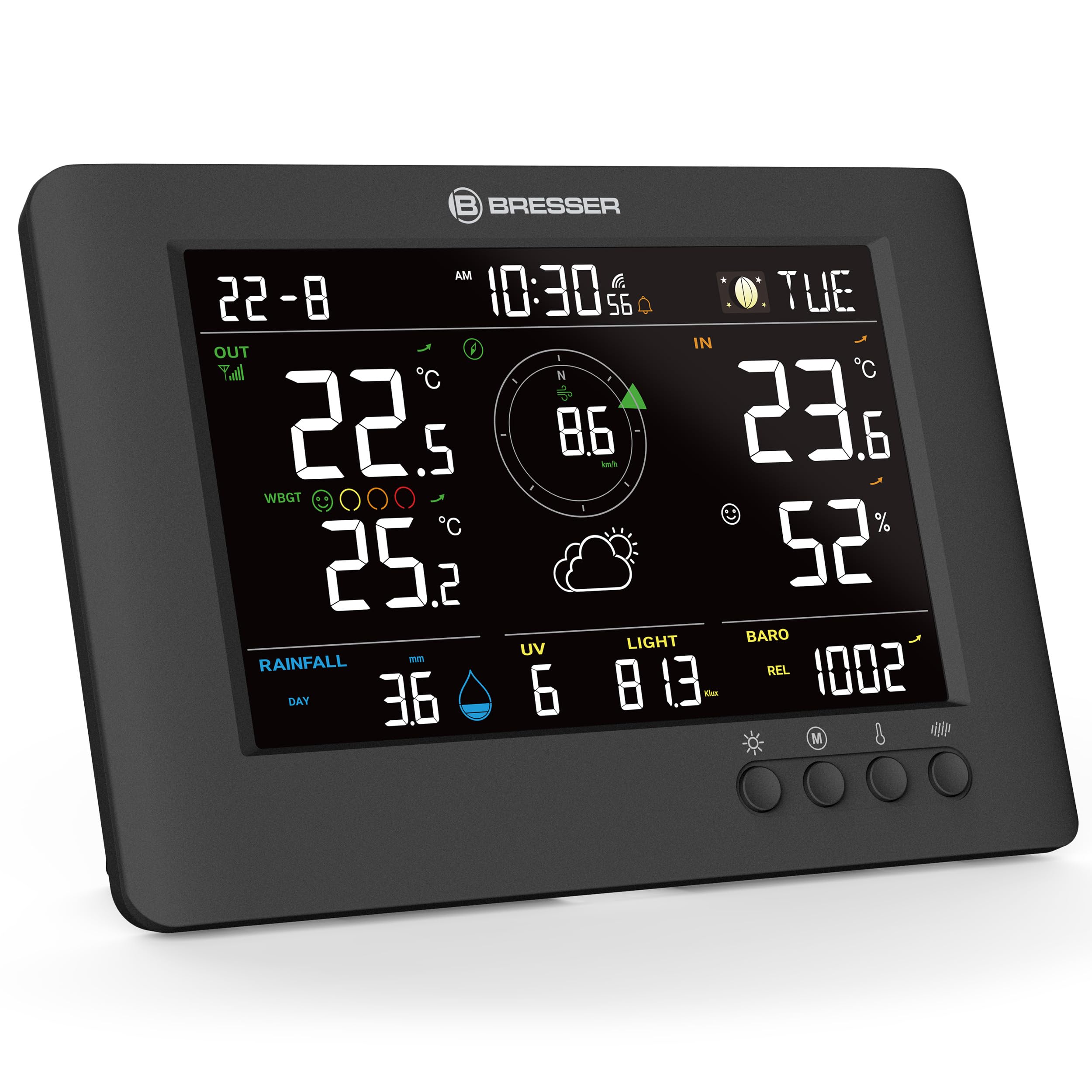 Bresser 8-in-1 ClearViewTB Wetterstation mit Hitzestress-Index, Sensirion-Sensor, 8-in-1-Multisensor, Wetterwarnungen, Max-/Min-Wertespeicher | Innentemperatur und Außentemperatur, Luftfeuchtigkeit, Regenmesser, Windmesser, Wettervorhersage, WBGT, Hitzein
