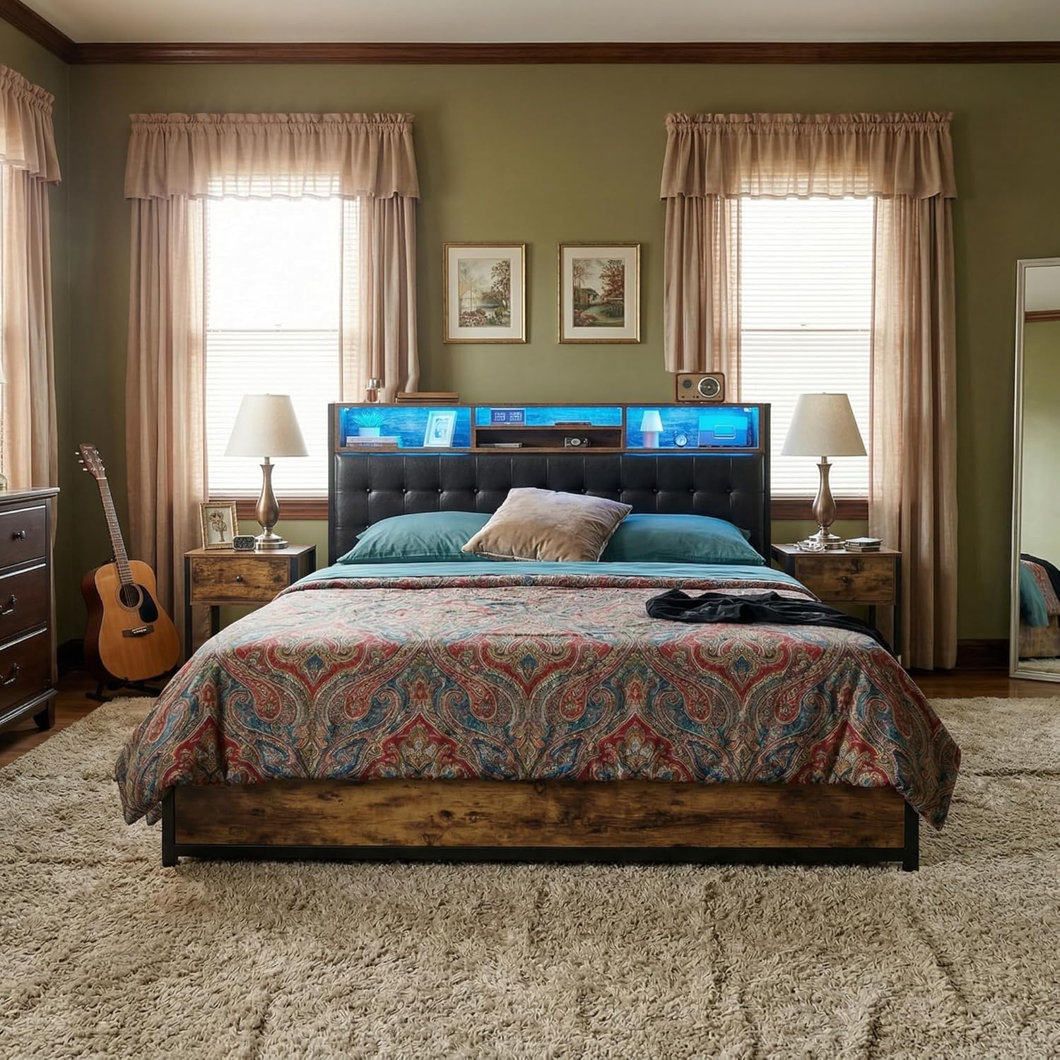 EnHomee King Size Bed Frame with 4 Storage Drawers, LED Lights & Charging Ports, Upholstered Platform Bed Frame with Tufted 2-Tier Headboard, 1100 LBS Heavy Duty Metal Slats,Vintage Brown