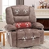 Overstuffed Electric Rocking Recliner Chair with Massage and Heat Fabric Power Swivel Rocker Recliner Heated Reclining Glider Chairs with Cup Holders, Brown