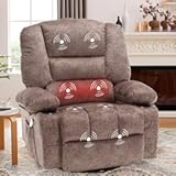 Overstuffed Electric Rocking Recliner Chair with Massage and Heat Fabric Power Swivel Rocker Recliner Heated Reclining Glider Chairs with Cup Holders&comma; Brown