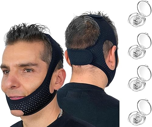 Correa de barbilla antironquidos, cómoda correa de malla transpirable, clip profesional para la nariz antironquidos (paquete de 4), solución para